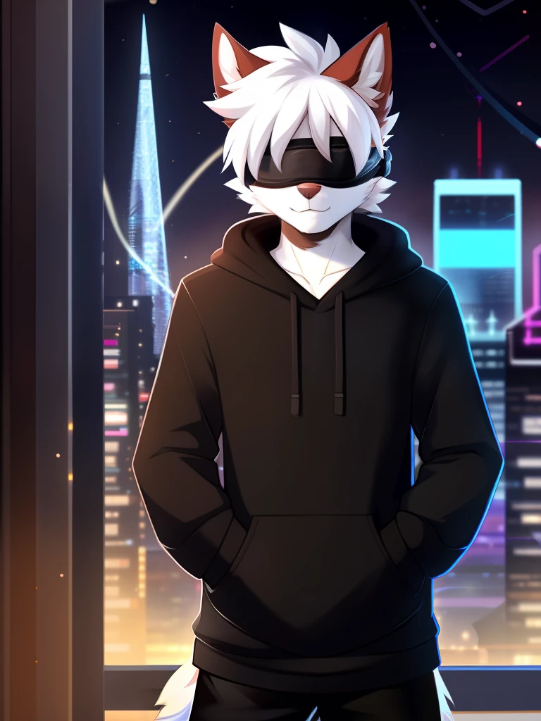 Written by: Zachary 911， （Coffee Soda：1.1）， hioshiru， zackary911， Dog Type ， mammal， mankind， Male Male， single， clothes， furry， 2022， Black dress， Houdi， Black top， blindfold， black hoodie， Cyberpunk City Settings，White scarf