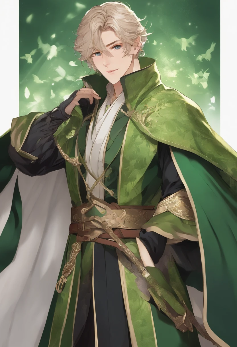 Anime - imagem de estilo de um homem vestido com uma capa verde e uma capa verde, casimiro arte, Beautiful androgynous prince, cara bonito na arte demon slayer, picture of a male cleric, official character illustration, delicate androgynous prince, Inspirado em Kris de Deltarrune, Arte Oficial, arte oficial do personagem, dressed like a cleric
