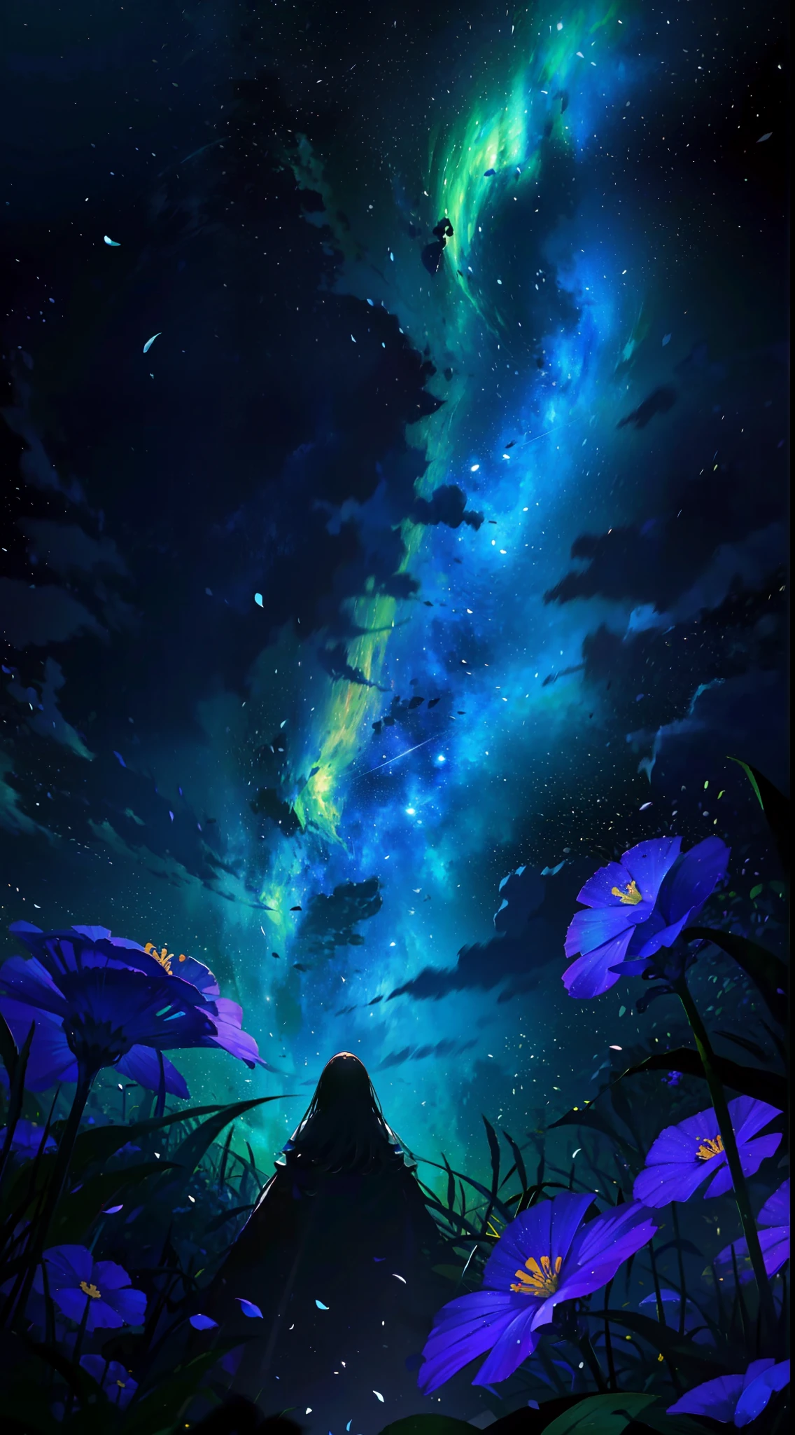 "tmasterpiece，top Quority，offical wallpaper，winning artwork，Top-down view，1 Tape，Aftershadow，In a sea of flowers，Stargazing，As estrelas，themoon，meteors，Colorful shooting stars，Hair satisfied, an beautiful，4K"