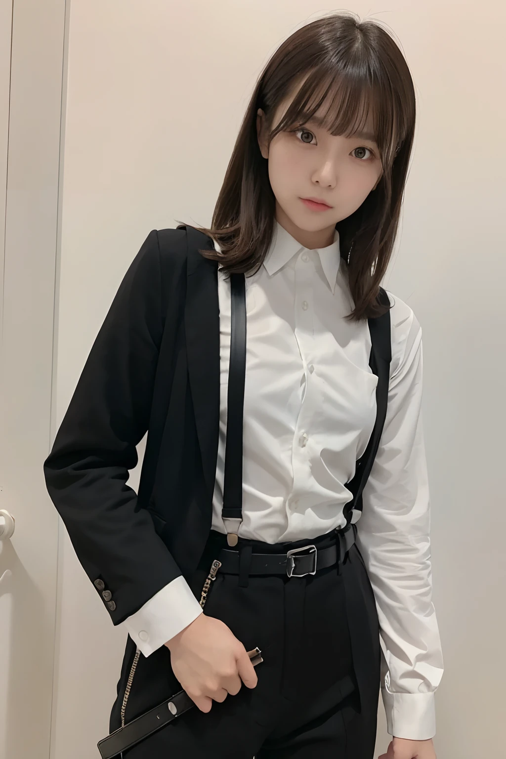 masterpiece、flat-colors、depth of fields、lens flare 1 girl、、Brown hair、watching at viewers a belt black suspenders Social OL huge-breasted Armpit sweat perspiring Side of both hands walls: Black Suit Black pants, Black jacket holster arm Leg holster arm Knife Carrying arma Gaze No tie tiarra No bangs Small face