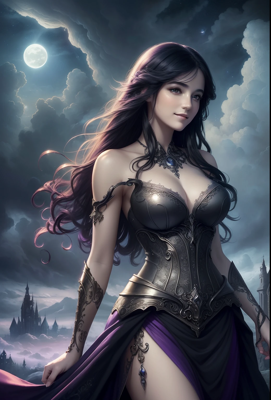 ((bestquality)), ((masterpiece)), (Detailed)), Ethereal beauty, (Fantasy Illustration: 1.3), full body,Happy smile, Charming gaze, Lovely gestures., straight black hair, A beautiful purple dress shows off her shoulders. , Extraterrestrial charm, Mysterious Sky, (Luis Royo:1.2), moonlit night, soft colors, (Detail Clouds:1.3), (high-res:1.2)