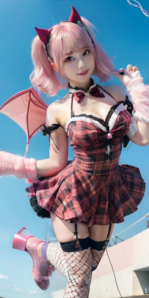female idol、large full breasts、beautiful foot、Light pink hair、、Good Style、Devil's Fashion、fishnet tights