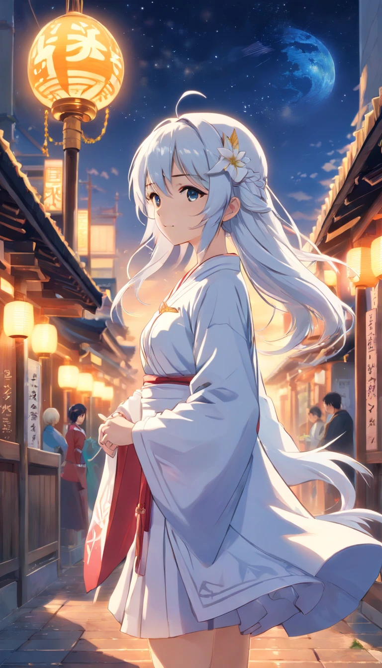 (best qualtiy,tmasterpiece), (White body),Beautiful teenage girl, Beautiful Priestess Woman, (((Sexy Priestess))), spade, White Crane,(((shrine maiden clothe))),slender leg,(silber hair), Press the bar,Braided headband, Beautiful Hair Accessories, Detailed scene, the night, starrysky, cold light, Take the key, (white colors), ((Side Body)), ((The upper part of the body)), ((Realistic))