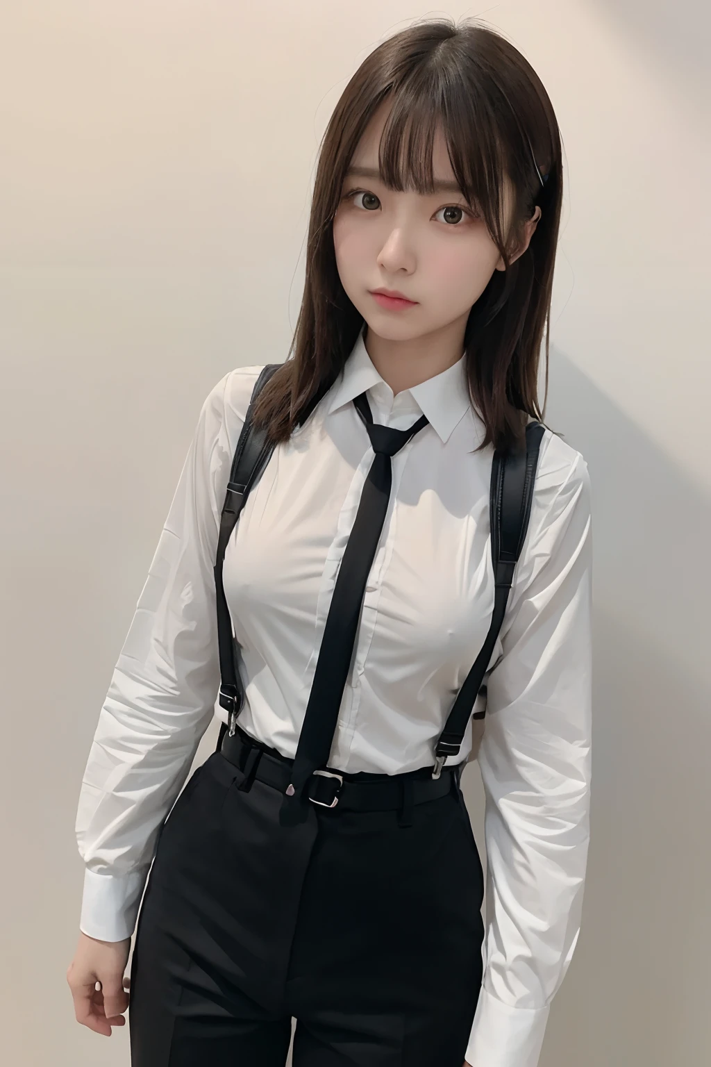 ​masterpiece、flat-colors、depth of fields、lens flare 1 girl、、Brown hair、watching at viewers　　　　a belt　black suspenders　Social OL　　　huge-breasted　　　 　 Armpit sweat　perspiring　Side of both hands　　walls: Black Suit　Black pants, Black jacket holster　arm　Leg holster　arm　Knife Carrying　arma　Gaze　　No tie　tiarra　No bangs　Small face