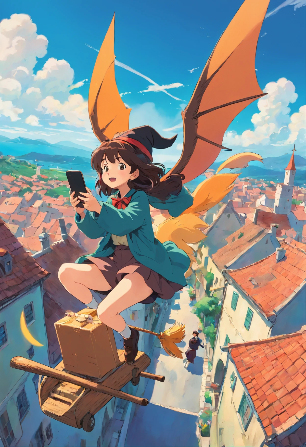 Witch Delivery Service,??????? a broomstick playing with mobile phone in the sky,Ghibli style,Background of living in Croatia