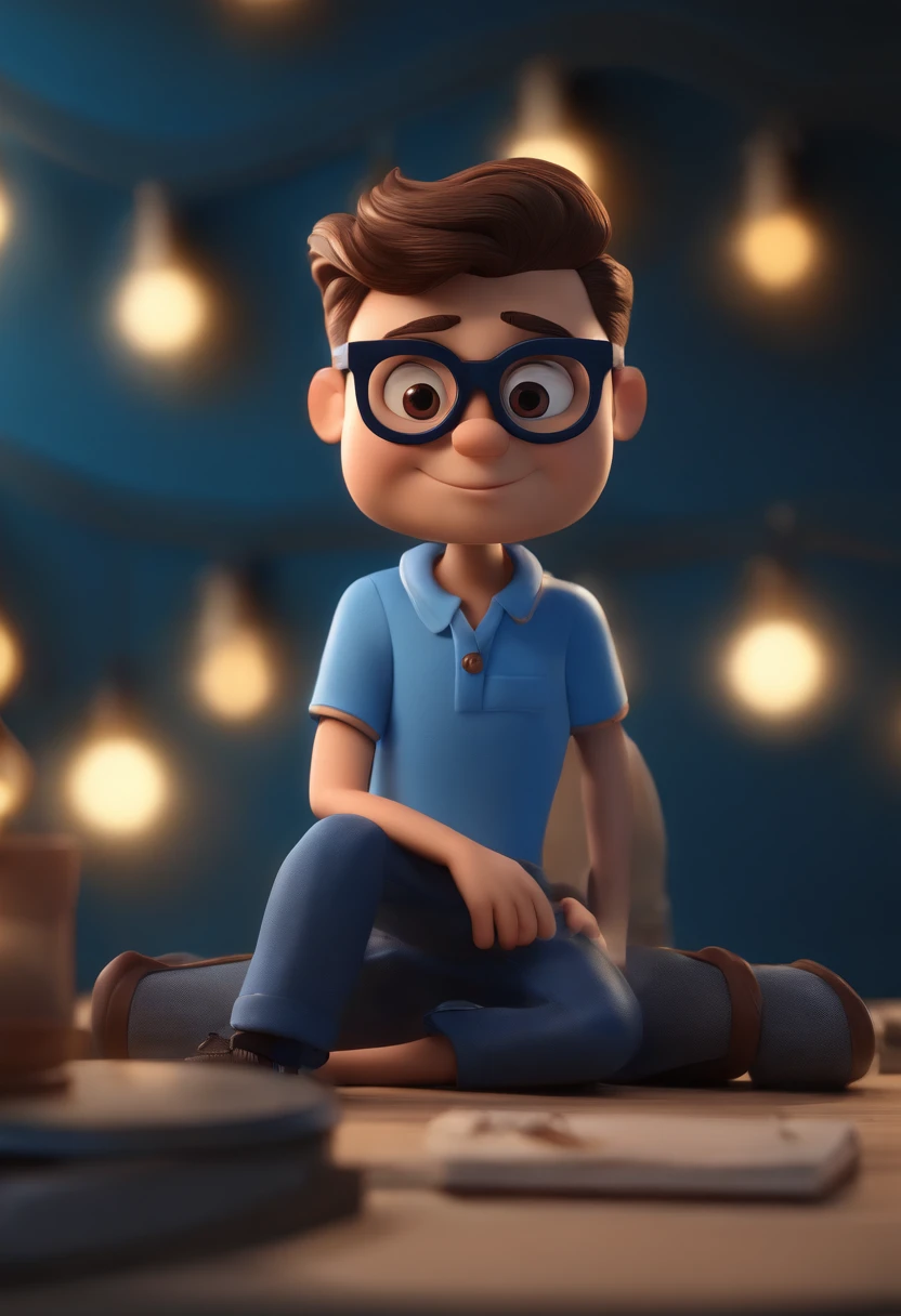 Cartoon character of a man wearing black glasses and a blue shirt, um personagem animado, Caractere estilizado, animation style rendering, 3D estilizado, Arnold Maya render, 3 d render stylized, toon render keyshot, Personagem 3D, Personagem 3D, 3d rendering stylized, 3 d character render, personagem de desenho animado, Personagem de close up, Pose de personagem, (Estilo Pixar) (master part:1.2) (Bokeh) (best quality) (pele detalhada) (textura detalhada) (8k) (argila) (Cinematic lighting) (foco nítido,Senta e vaza a parte superior do corpo