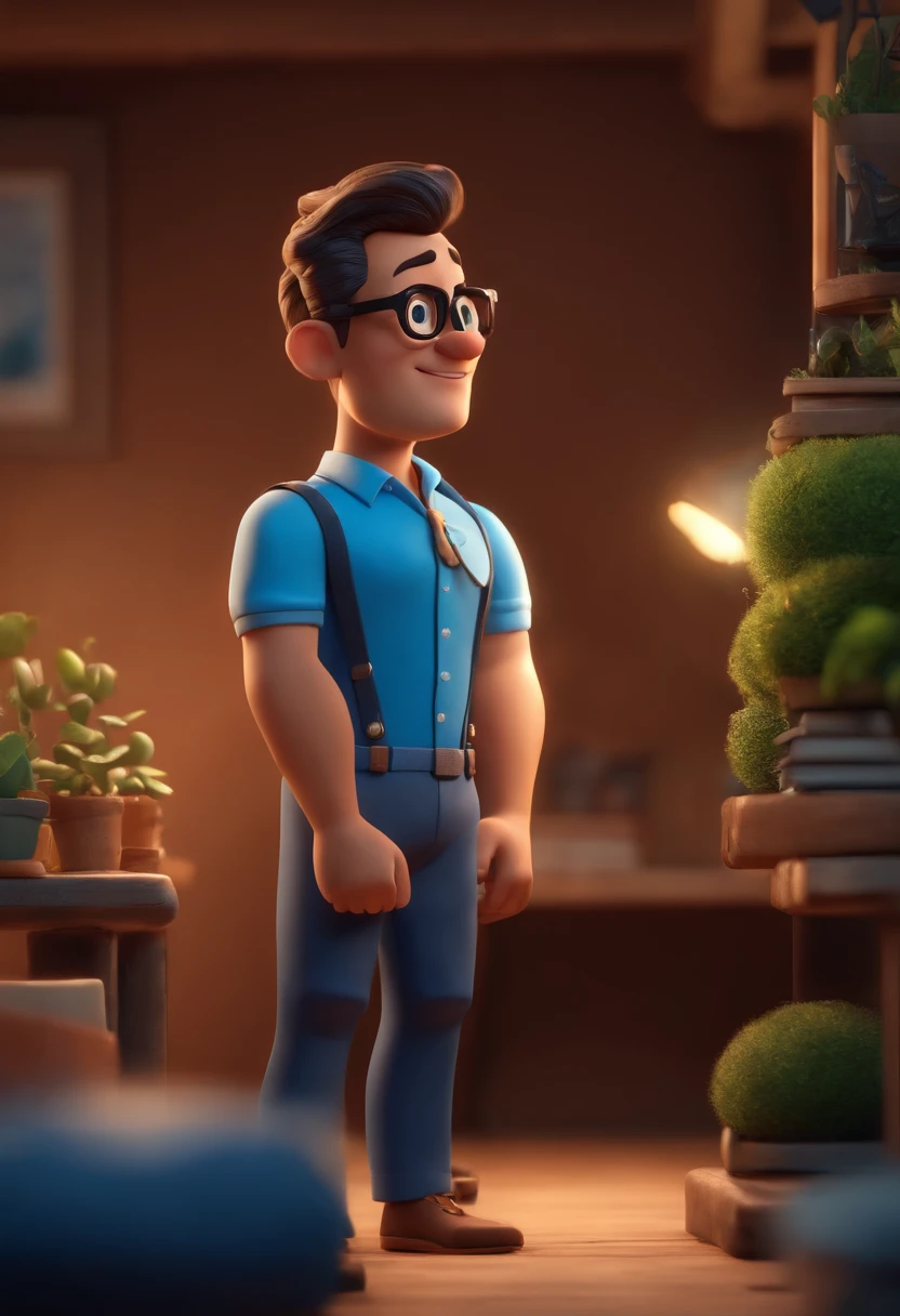 Cartoon character of a man wearing black glasses and a blue shirt, um personagem animado, Caractere estilizado, animation style rendering, 3D estilizado, Arnold Maya render, 3 d render stylized, toon render keyshot, Personagem 3D, Personagem 3D, 3d rendering stylized, 3 d character render, personagem de desenho animado, Personagem de close up, Pose de personagem, (Estilo Pixar) (master part:1.2) (Bokeh) (best quality) (pele detalhada) (textura detalhada) (8k) (argila) (Cinematic lighting) (foco nítido,Senta e vaza a parte superior do corpo