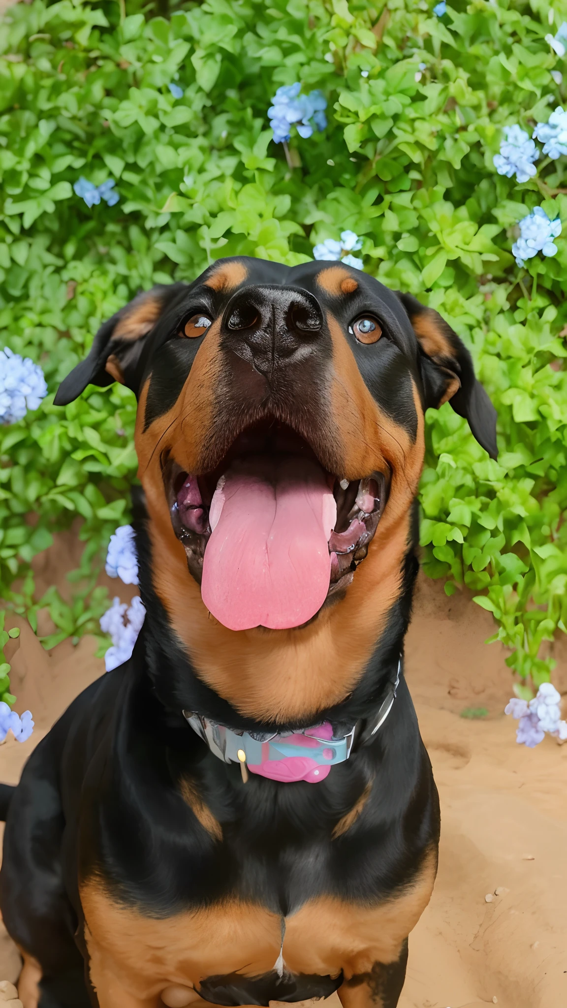 there is a dog that is sitting in the dirt with its tongue out, soft lulling tongue, front portrait, happily smiling at the camera, happy with his mouth open, looking towards the camera, mouth open, tongue sticking out, looking up at the camera, selfie of a dog, full cheeks, closeup. mouth open, rottweiler dinosaur hybrid
