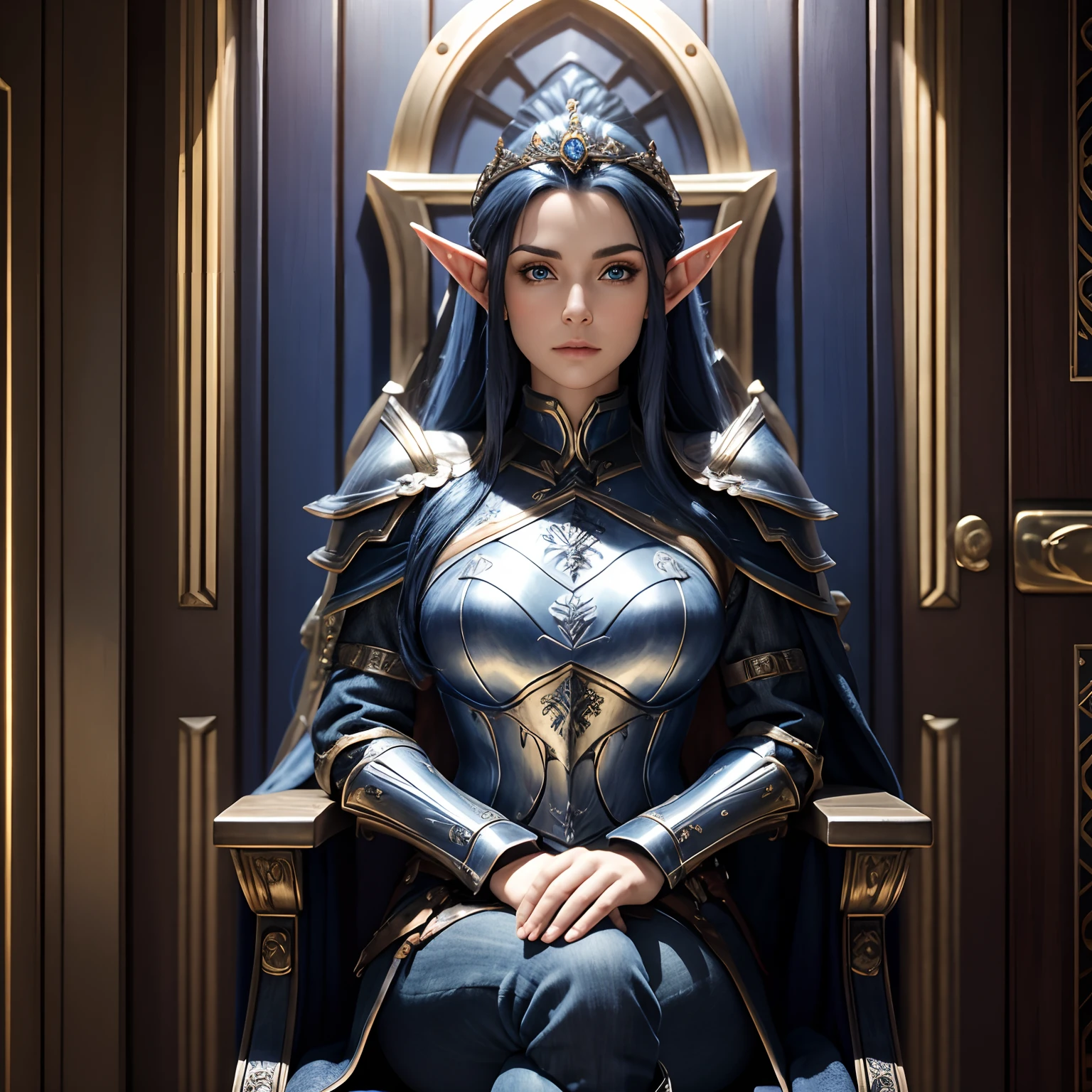 Masterpiece, high quality, 8k, One adult elf woman with dark blue hair, sapphire blue color eyes, detailed facial features, red ship, metal ship, metal floor, metal walls, sitting on a throne, in the middle of the room, a door in the middle of the back wall behind the chair, fancy rug, armor, scale mail armor, greaves, facing the camera, jeans,
