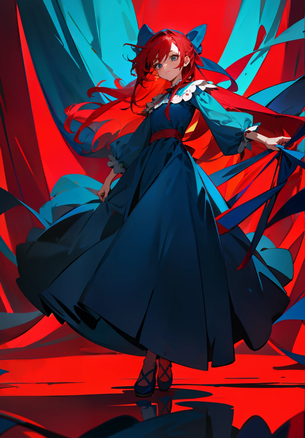 Girl in ragdoll blue long dress, red hair with blue ribbon, circus background with red curtain