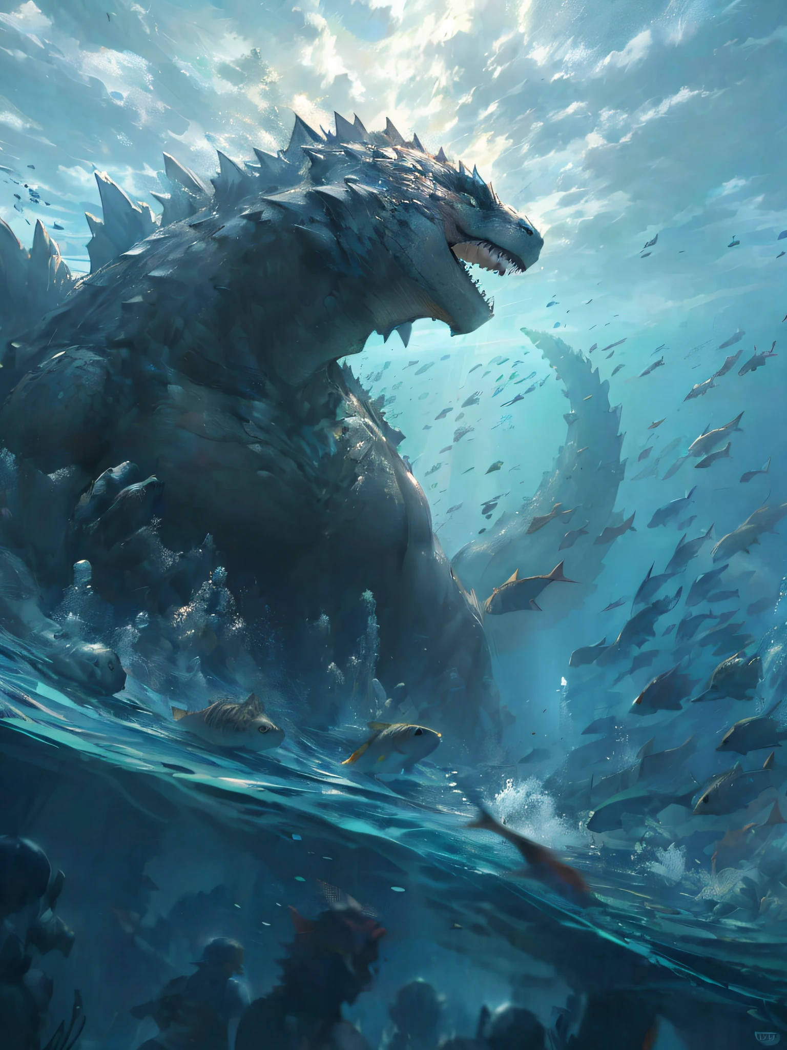 Godzilla rises from the water with a large school of fish, wojtek fus, author：Arthur Penn, highly realistic concept art, by Yang J, Godzilla, author：Jeremy Chang, author：John Ragatta, cgsociety and fenghua zhong, author：Ryan Barger, underwater sea monster, Great Leviathan, huge creature, ultra realistic concept art