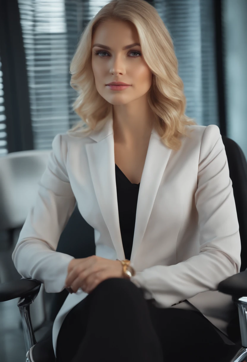 Realistic face of a girl with blonde hair, Without a smile, In a business suit in the office on a chair.