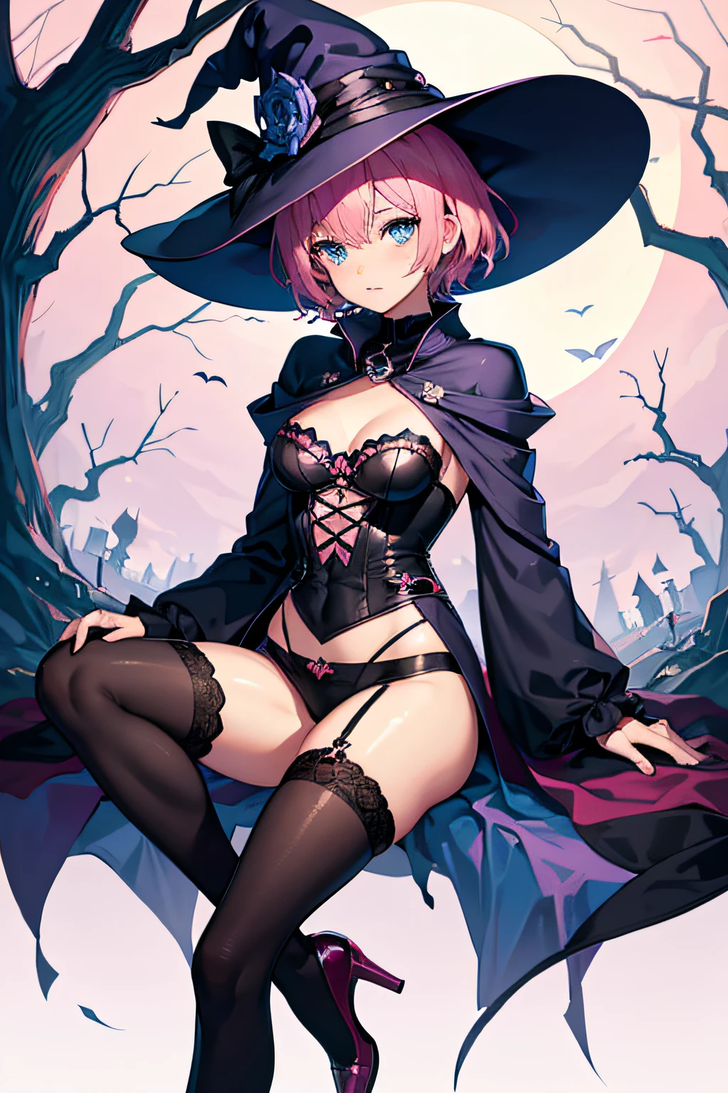 pink short hair, blue eyes, black stockings, halloween witch,