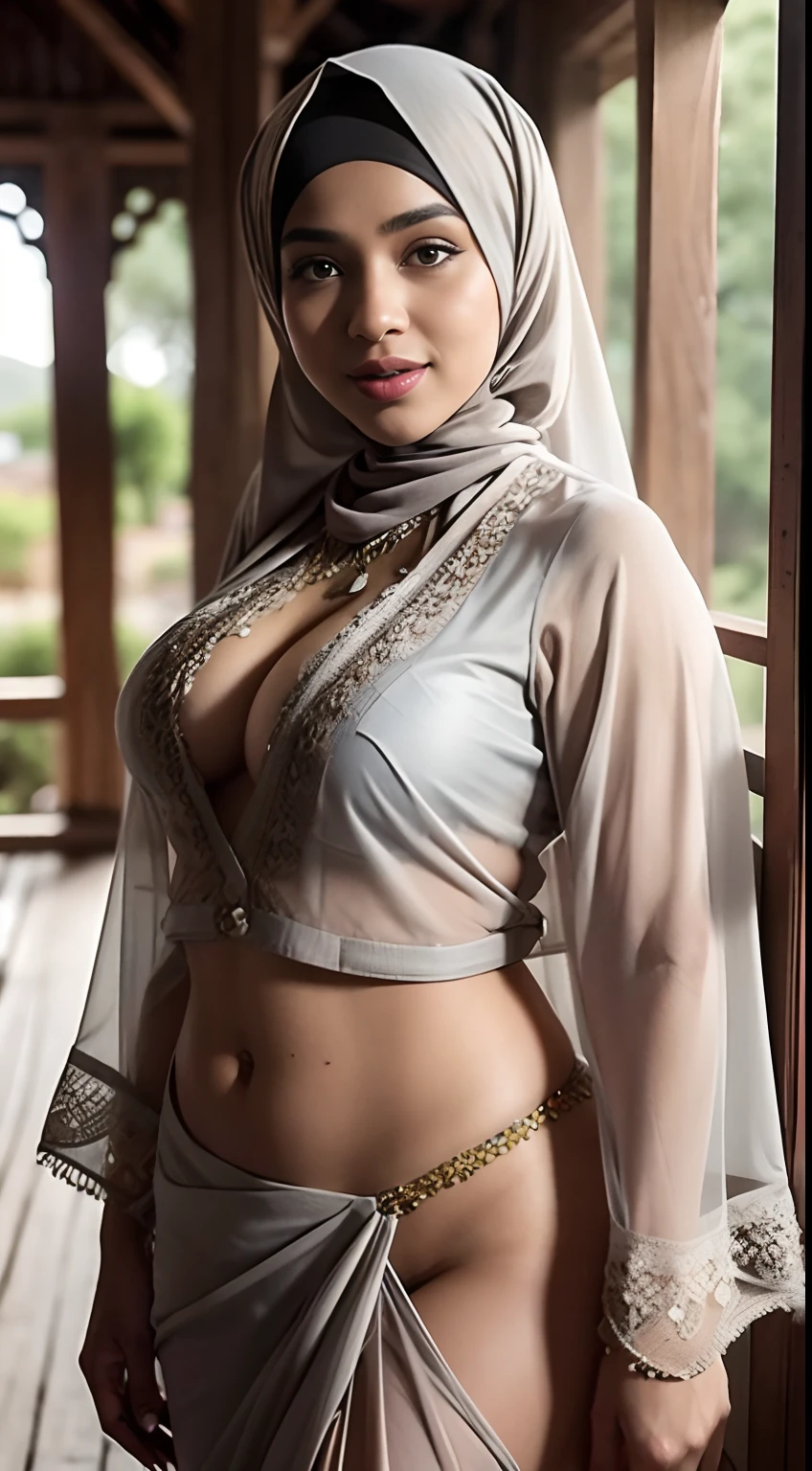 full body shot of sexy smiling hijabi (abbie_cornish:0.6) malay daughter wearing a see-through saree in a rustic village,open shirt,face incredibly detailed, lips, realistic, solo,big breasts,skin tight, puffy , facial, masterpiece,best quality, Intricate, High Detail, dramatic,