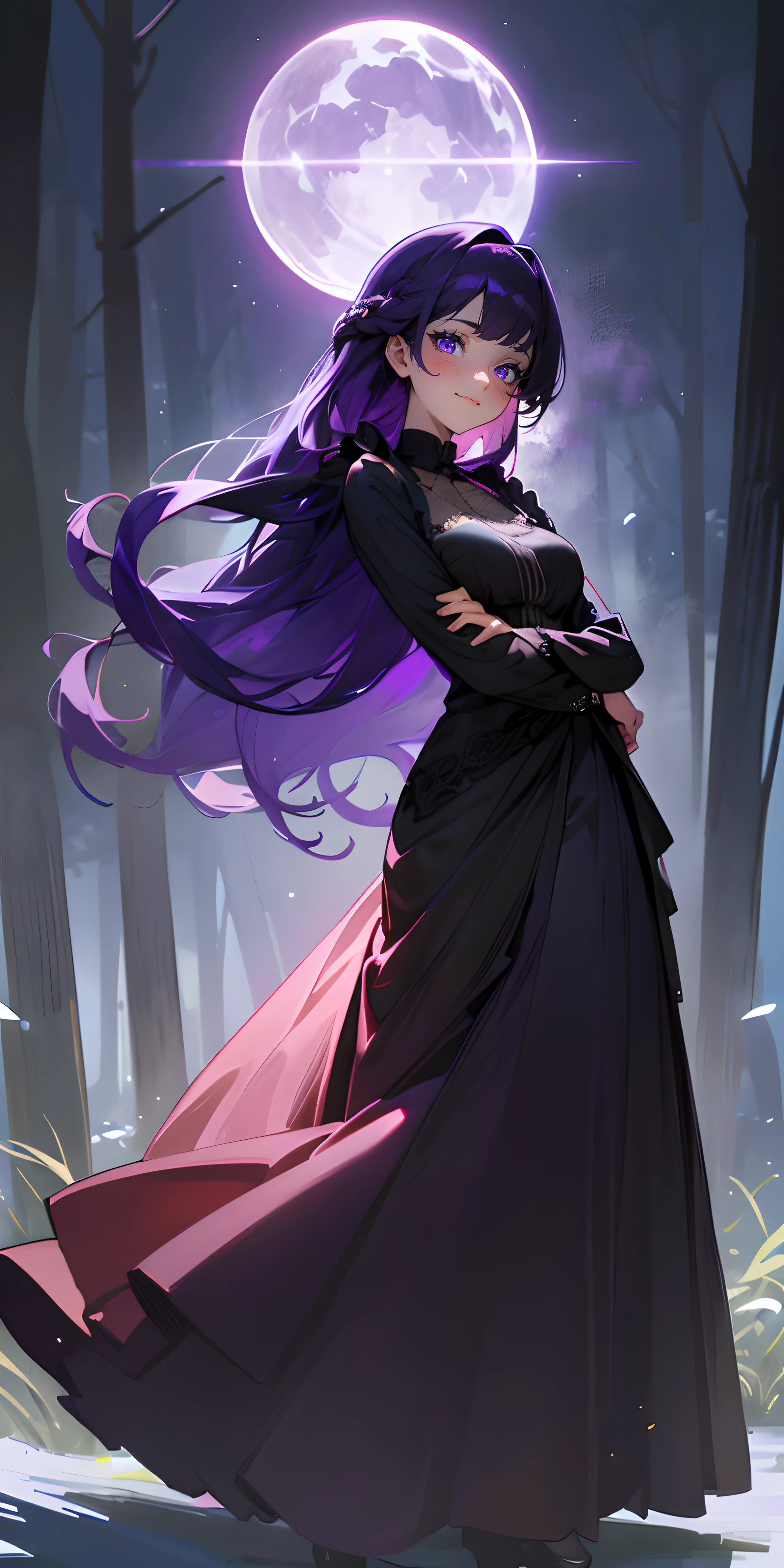 (best quality,4k,highres,photorealistic:1.2),anime style,girl,long dark purple hair, straight french braid hair style,swept bangs,beautiful skin,dark purple glowing eyes,beautiful black long gothic dress ,forest background,movie lighting,ultra-detailed,detailed lighting,standing,view full body,arms crossed,happy,light smile, blushing