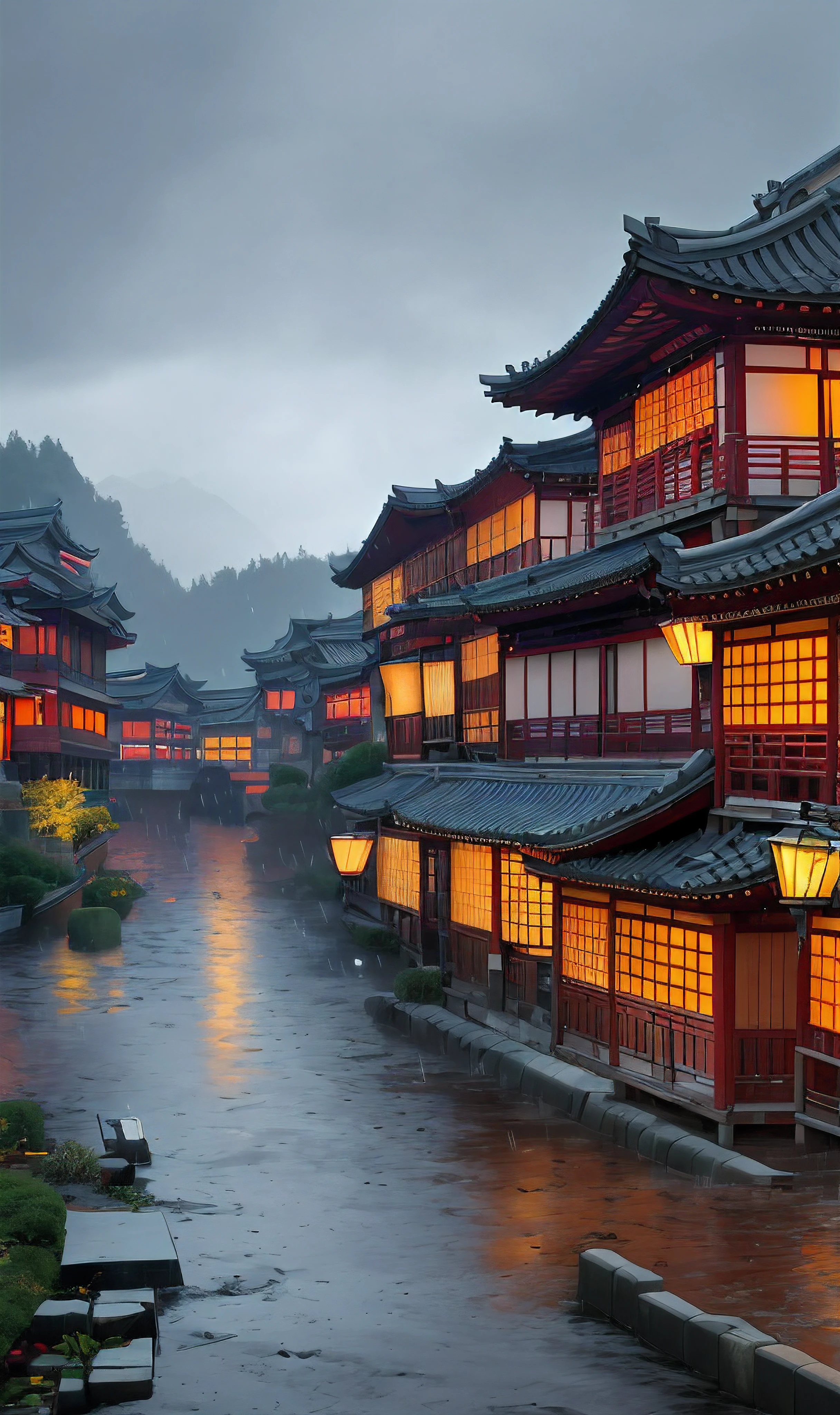Rough village with many lights on the buildings々Nice view、dreamy Chinese towns、Chinese Village、amazing wallpapers、Japan、Japan Village、Ultra-realistic town photos、Old Asian Village、japanese city、By Raymond Han、rainy evening、Cyberpunk Chinese Castles、beautifully lit buildings、Evening in the rain、Beautifully Aesthetic、a picture、film like、8K、high detal ((Heavy Rain))) stores