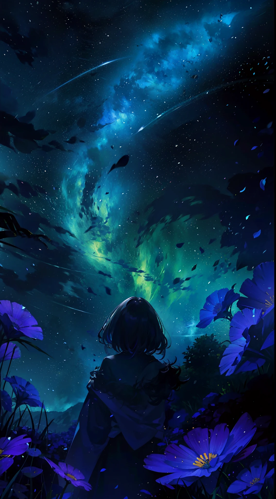 "tmasterpiece,top Quority,offical wallpaper,winning artwork,Top-down view,1 Tape,Aftershadow,In a sea of flowers,Stargazing,As estrelas,themoon,meteors,Colorful shooting stars,Hair satisfied, an beautiful,4K"