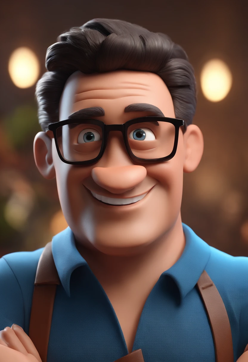 Cartoon character of a man with black glasses and a blue shirt, animation character, Caractere estilizado, animation style rendering, 3D estilizado, Arnold Maya render, 3 d render stylized, toon render keyshot, Personagem 3D, Personagem 3D, 3d rendering stylized, 3 d character render, personagem de desenho animado, Personagem de close up, Pose de personagem,  (Estilo Pixar) (master part:1.2) (Bokeh) (best quality) (pele detalhada) (textura detalhada) (8k) (argila) (Cinematic lighting) (foco nítido