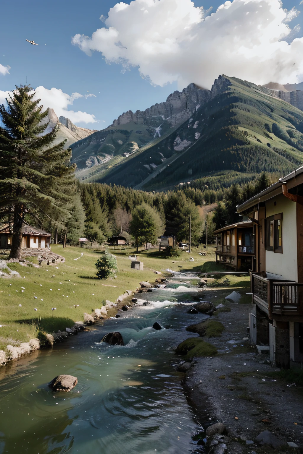 The sky is more desolate than a cloudy palace, Green trees, Mangy High Moutains(Mangi Alpine Hotel)(Mangi Alpine Hotel(Hotel Mangi Alps)), Birds flew by,A small river