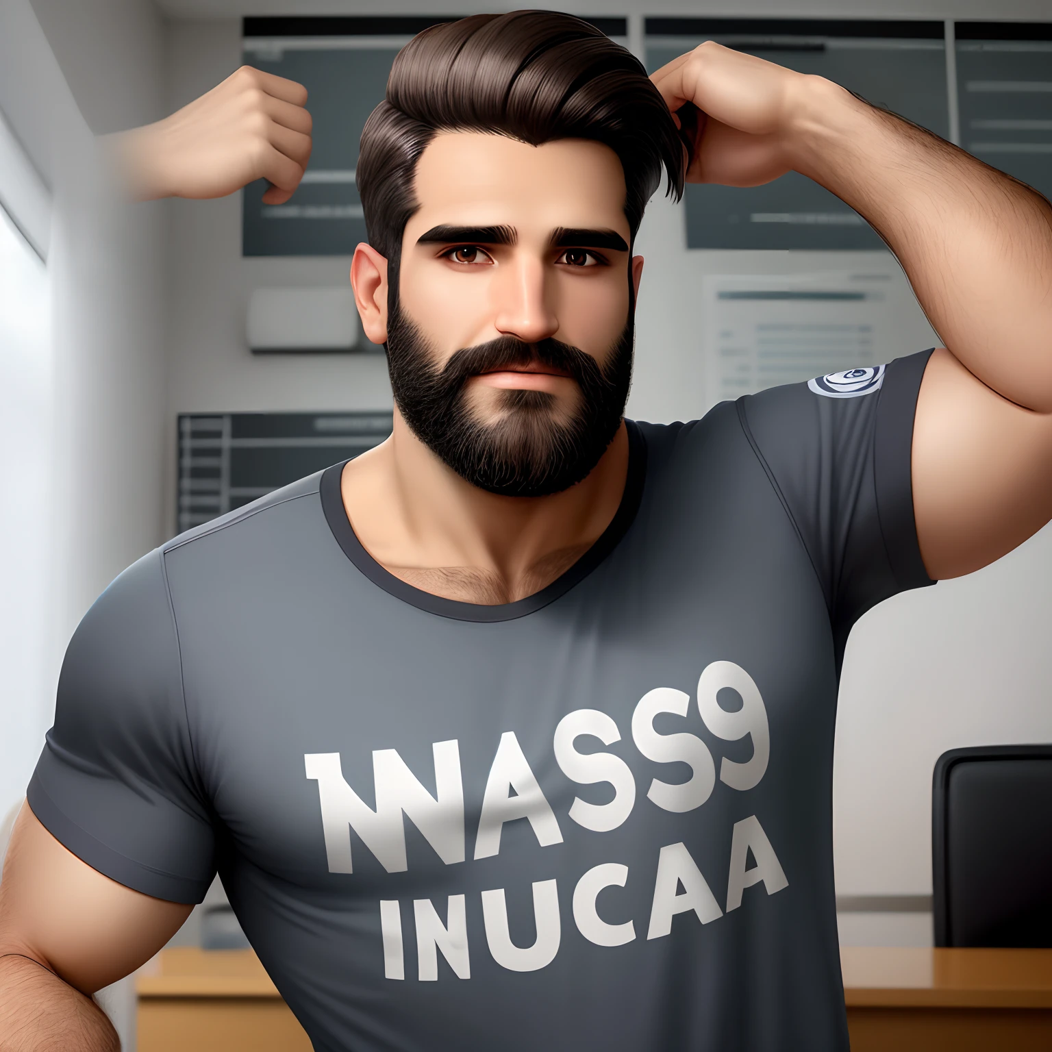 homem branco, com camisa social, cabelo preto, barba pequena na cor preta, corpo atletico, boca pequena, nariz perfeito, barba preta, de 27 anos de idade, olhos castanho escuro, in a civil engineering office, imagem estilo pixar disney