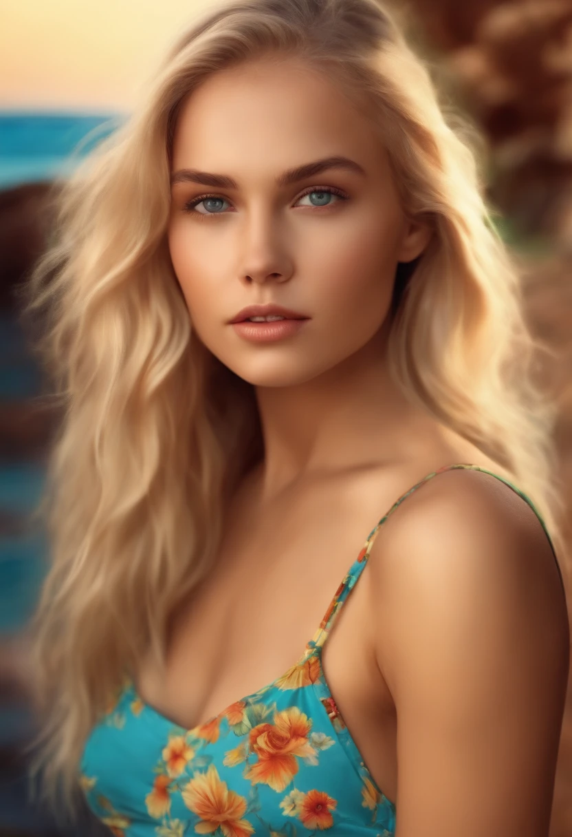 Cinematic soft lighting illuminates a stunningly detailed and ultra-realistic beautiful Greek supermodel, beach look, long messy windy dark blonde hair, clear green eyes, captivating perfect smile, sensual, hot woman, gorgeous, that is trending on ArtStation. Octane is the perfect tool to capture the softest details of this 16k photography masterpiece.
