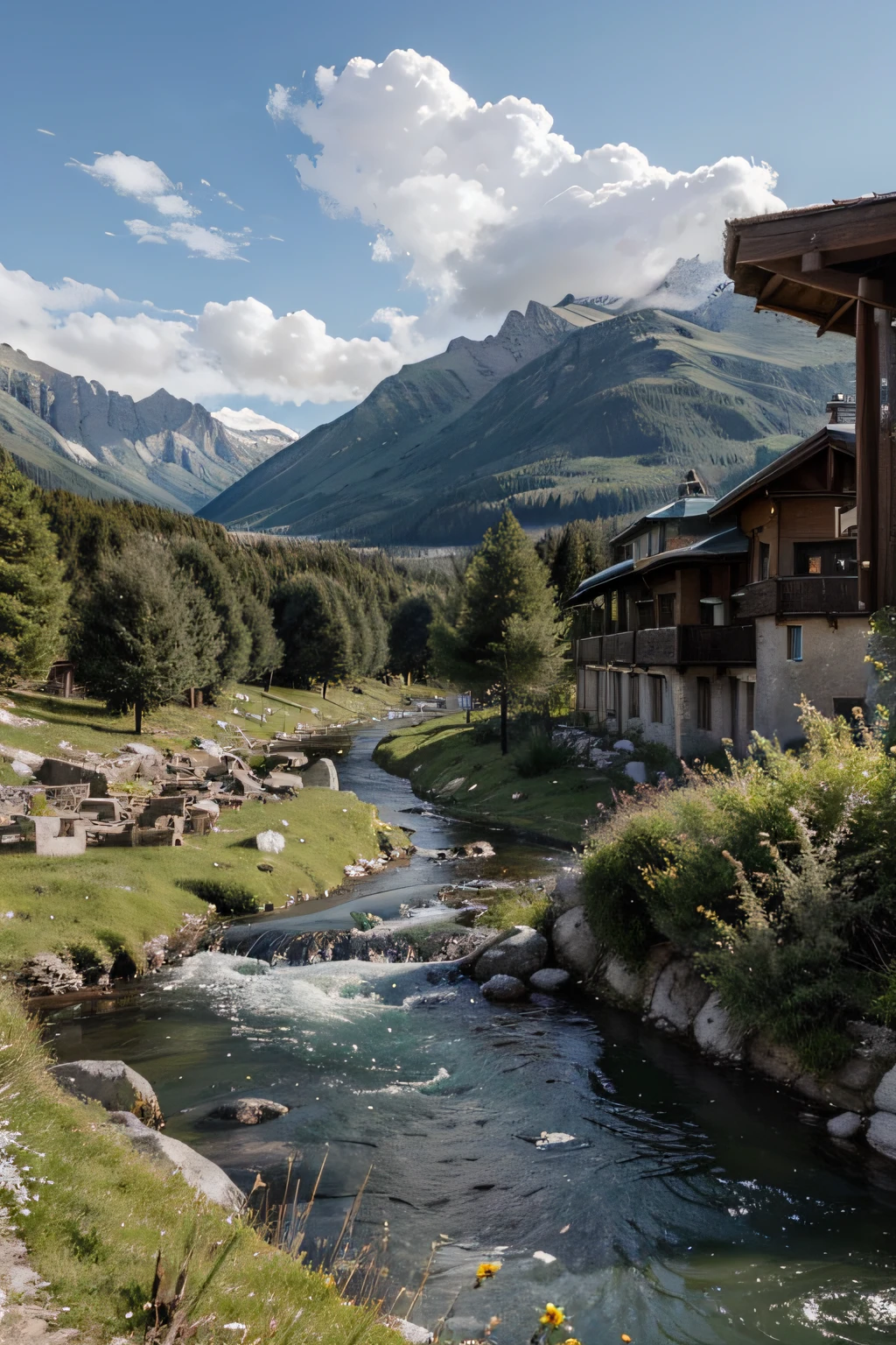 The sky is more desolate than a cloudy palace, Green trees, Mangy High Moutains(Mangi Alpine Hotel)(Mangi Alpine Hotel(Hotel Mangi Alps)), Birds flew by,A small river