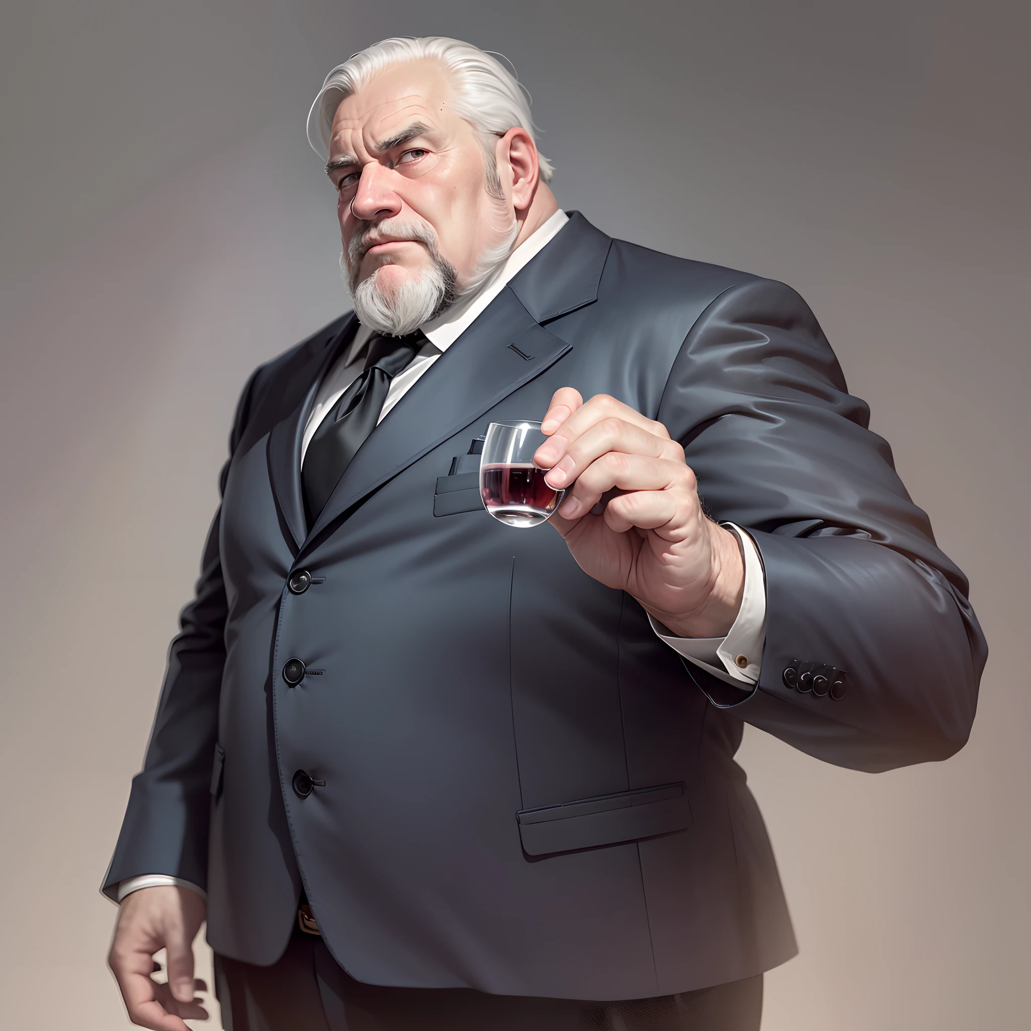 O'Brien, a supporting character from the book "1984" by Orwell, an elderly, stocky, overweight man, ugly in face with an aquiline nose, and on the other hand distinguished by elegance of movements and gestures and an intelligent facial expression, dressed in an elegant black suit , glass of wine in hand, very high quality, ultra realistic, photography --auto --s2