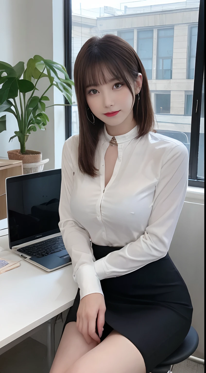 masutepiece, Best Quality, Live action, Ultra-detailed, finely detail, hight resolution, 8K Wallpaper, Perfect dynamic composition, Beautiful detailed eyes, Medium hair in a ponytail,Huge chest under the shirt:2.0、Natural Color Lip, Bold sexy poses,Smile,20 years girl、Cute、Sexy shot looking at camera、Shot from the knee up、full body seen、((ty、s Office、houseplant、Button shirt with collar、pencil skirts、cross one's legs、accessorized、a necklace、neck tie、piercings、Outside the window is an azure sky、Gray walls、a desk、((personal computers))、Line、big eye、long lashes、Colossal tits:1.5、sit a chair、frontage、above knee))