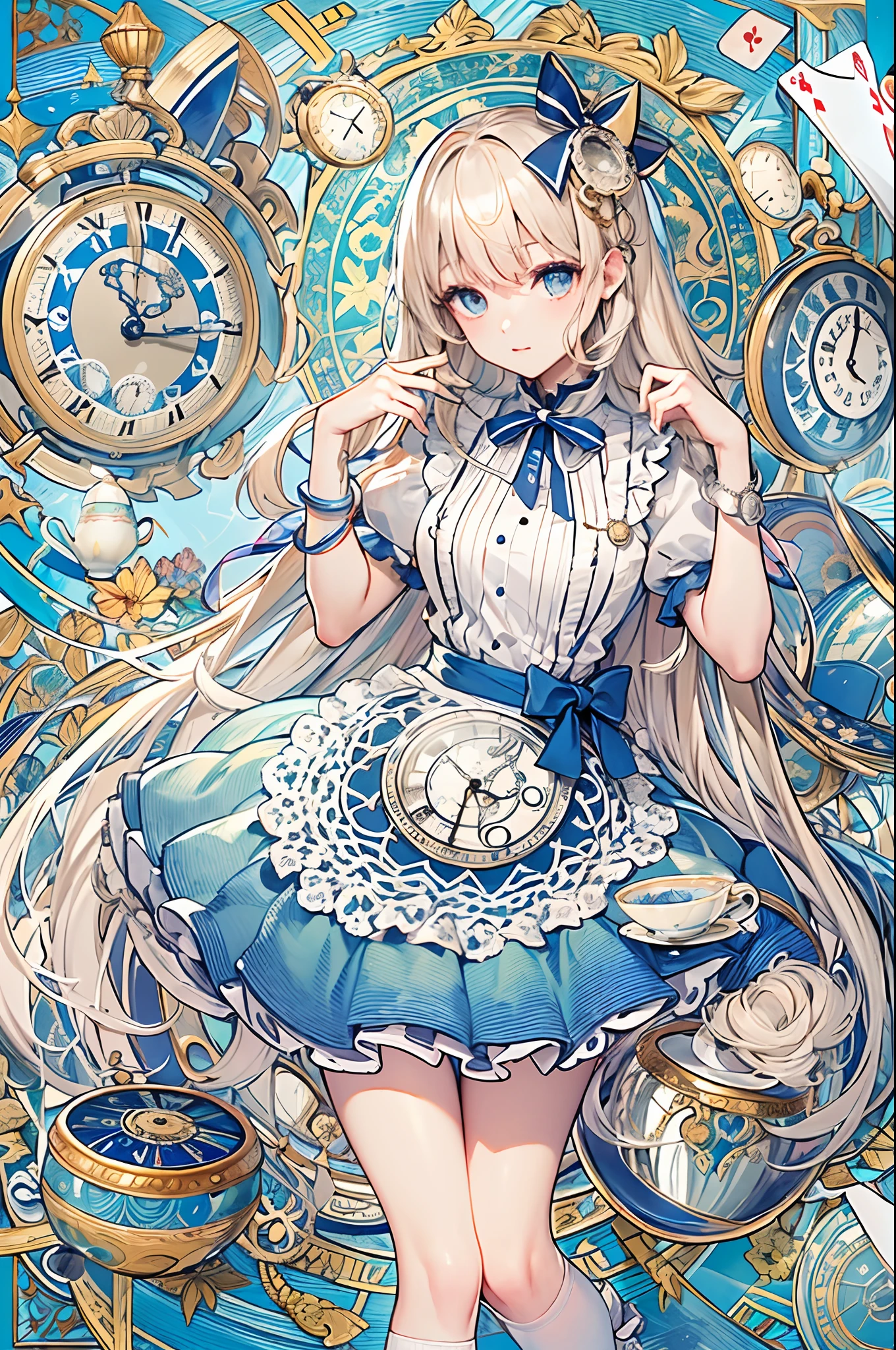 Anime girl in a blue dress with a clock in the background - SeaArt AI