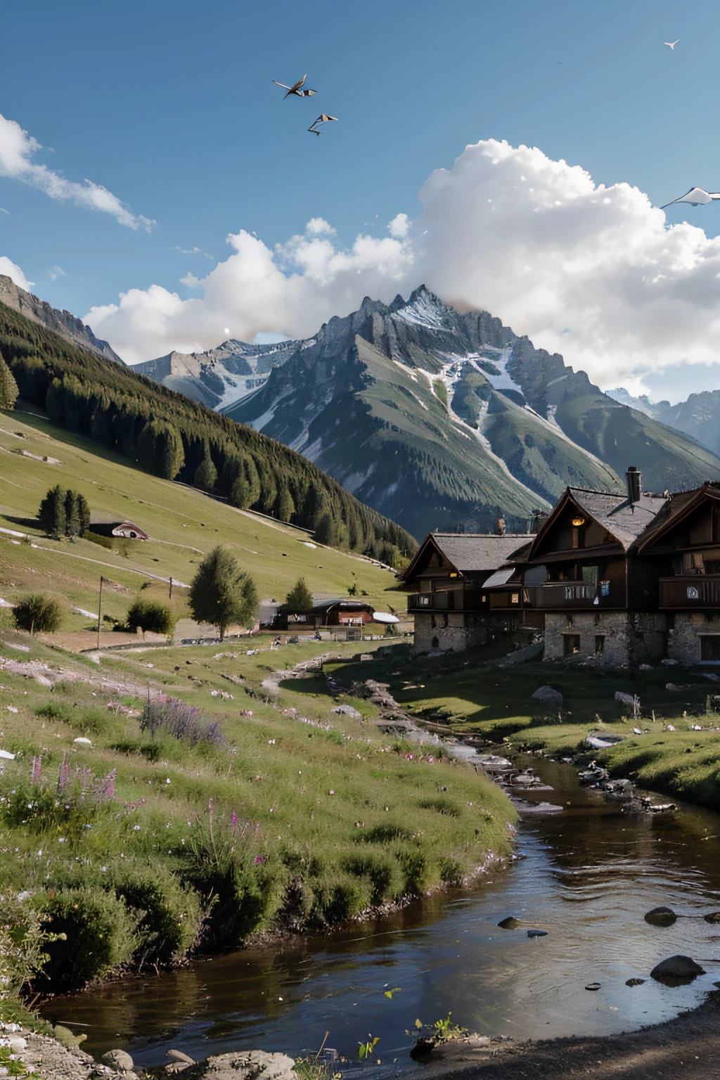 The sky is more desolate than a cloudy palace, Green trees, Mangy High Moutains(Mangi Alpine Hotel)(Mangi Alpine Hotel(Hotel Mangi Alps))(Mangi Alpine Hotel(Hotel Mangi Alps)(Hotel Mangi Alps(Mangi Alps Hotel))), Birds flew by,A small river