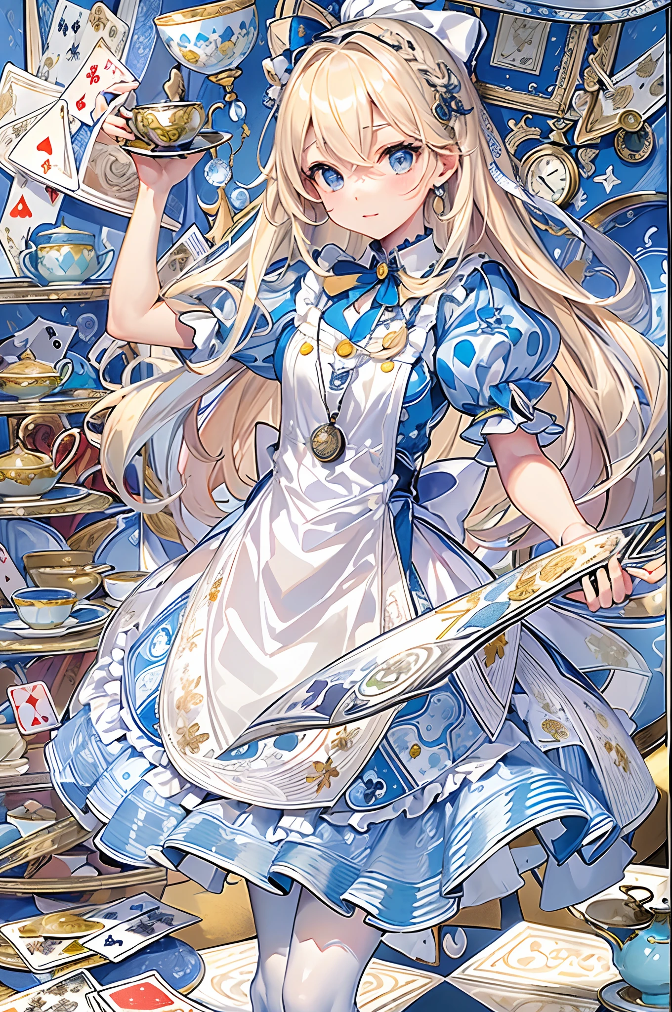(masuter piece、top-quality、Mystical、Beautifully Aesthetic、Perfect human body balance、offcial art、Impresionismo、von gogh:1.2)、(1 girl in:1.3)、(Fractal Art:1.0)、shinny skin、patterns、(alice in the wonderland:1.2)、(PlayingCards、tea cup、pocket watch:1.3)、(Tie your hair with a ribbon、Blue Dress、a miniskirt、beauty legs、White Apron、white sock、platinum-blonde、Blue eyes)、Exotic wallpapers、highly colorful、Abstract background、Fantastical
