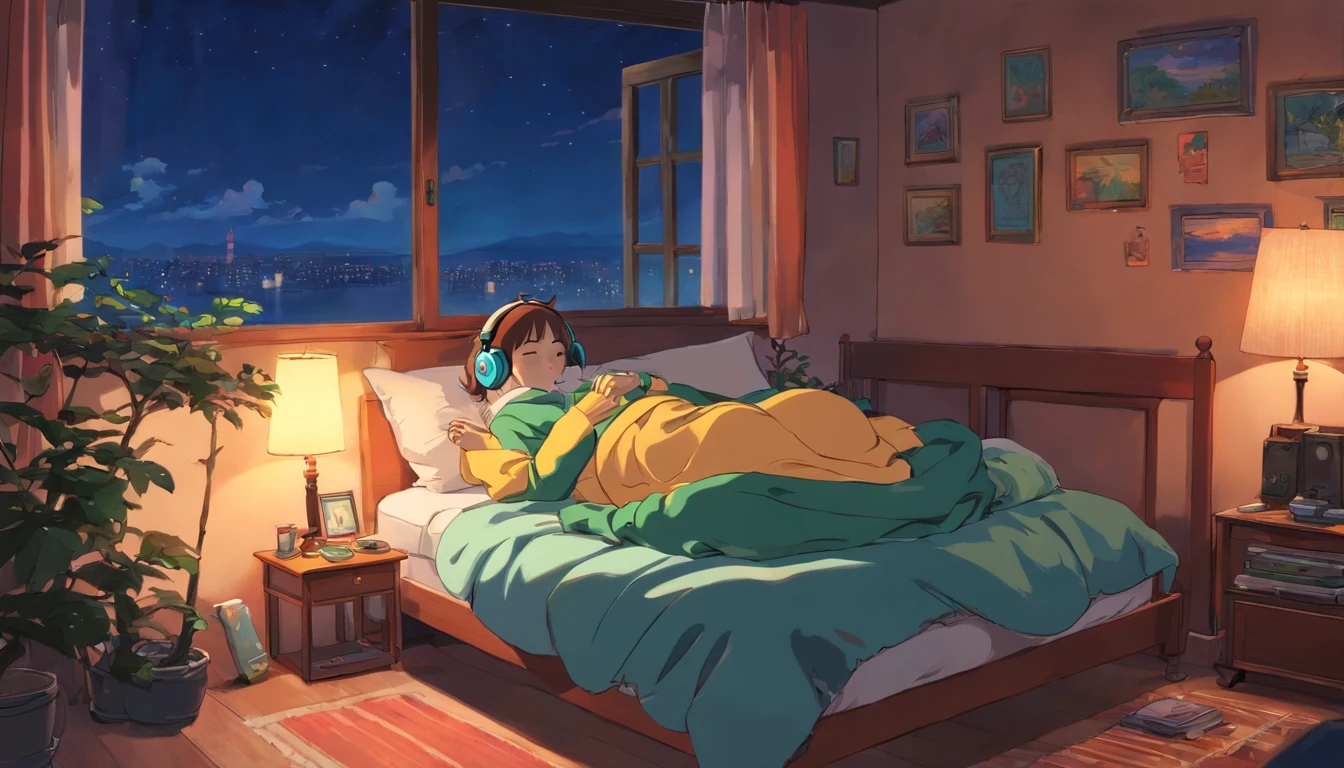 a girl, lying sleeping, wearing a big sweater, wearing headphones, lofi, calm, calm atmosphere, in her bedroom looking at the window, cool, night, quiet night, cat, masterpiece, best quality