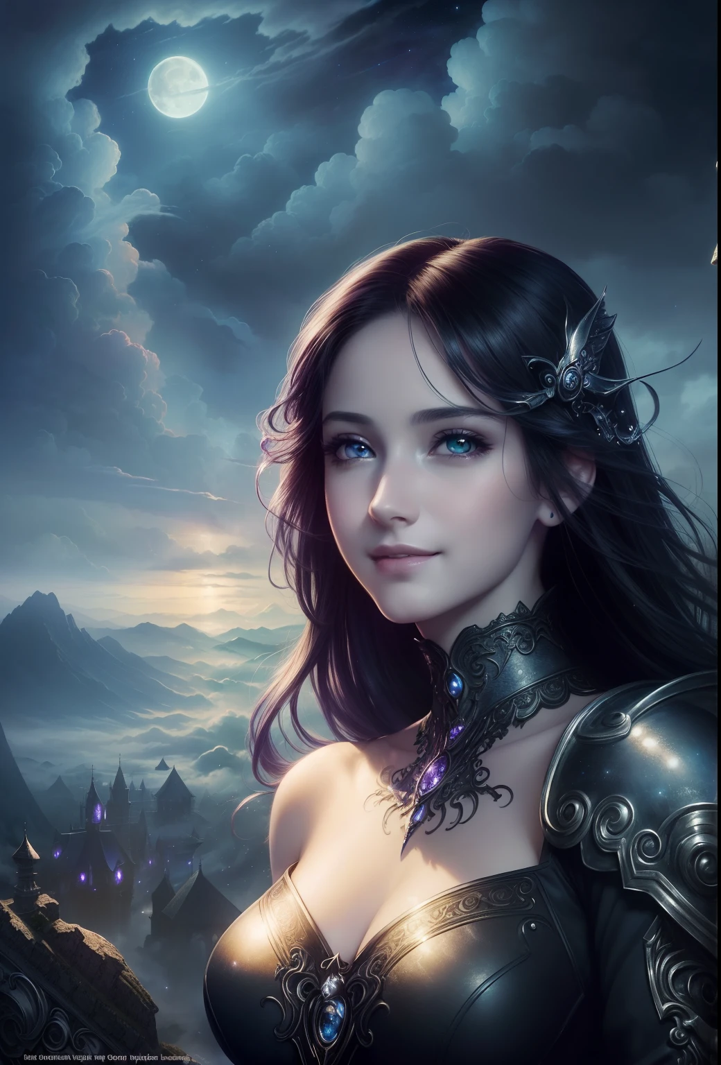 ((bestquality)), ((masterpiece)), (Detailed)), Ethereal beauty, (Fantasy Illustration: 1.3), Happy smile, Charming gaze, Lovely gestures., straight black hair, A beautiful purple dress shows off her shoulders. , Extraterrestrial charm, Mysterious Sky, (Luis Royo:1.2), moonlit night, soft colors, (Detail Clouds:1.3), (high-res:1.2)