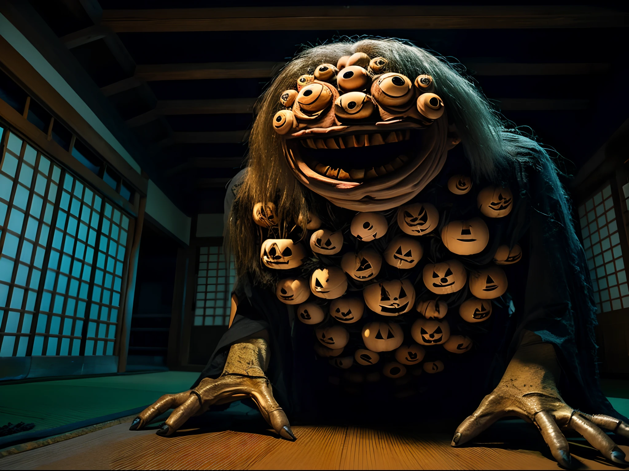 Realistic, A monster with 100 eyes on its body called Hyakume lurks in an old Japanese house at night, There is a lighted jack-o-lantern lantern, All the lights are jack-o-lanterns, japanese halloween style,