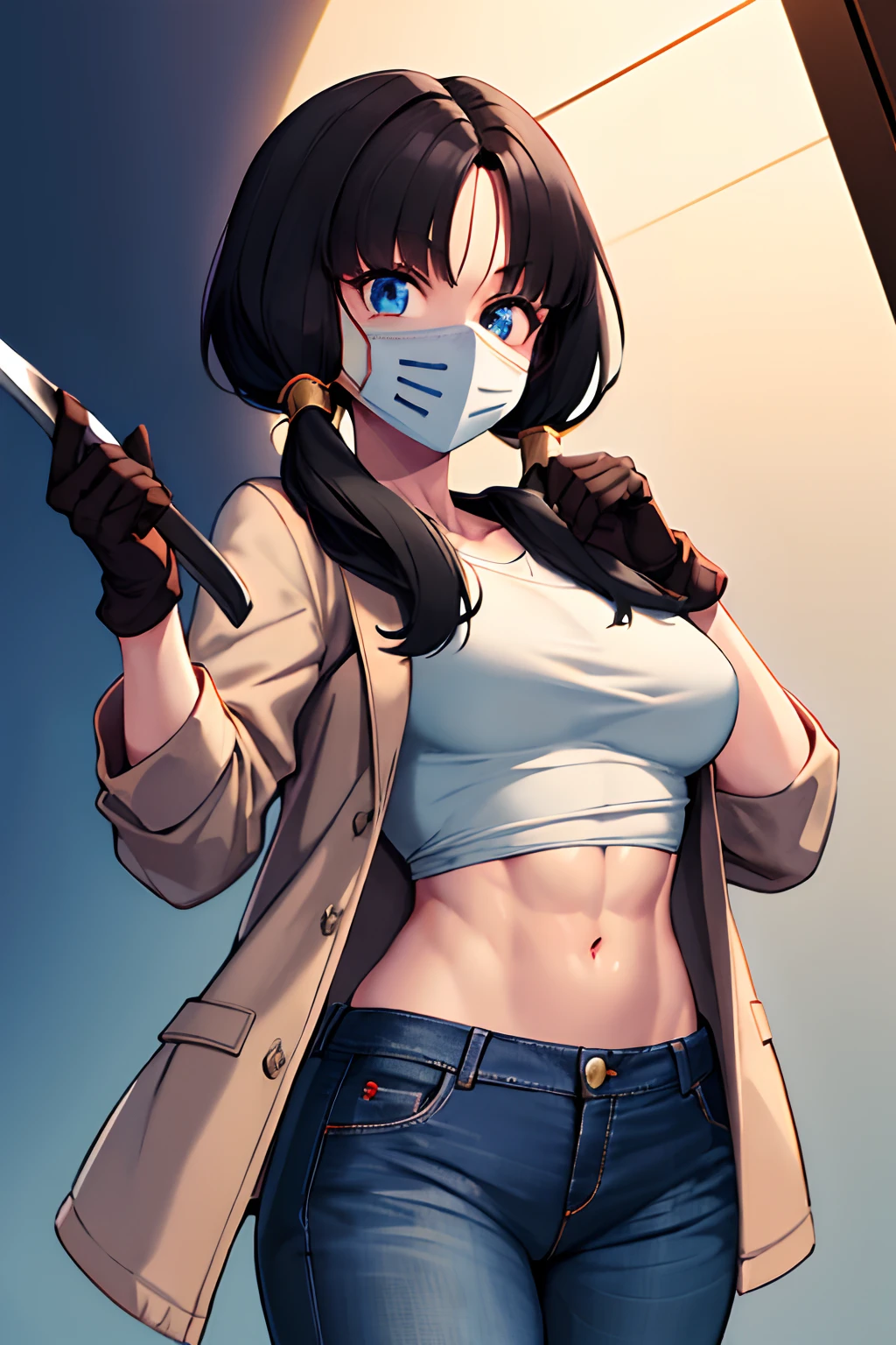 masterpiece, best quality, highres, videl2, solo, blue eyes, black hair, twintails, black gloves, Blue jeans, bangs, white top, ((brown jacket)), ((horror  Mask)), holding a machete, abs, medium breasts, cowboy shot, smile, night