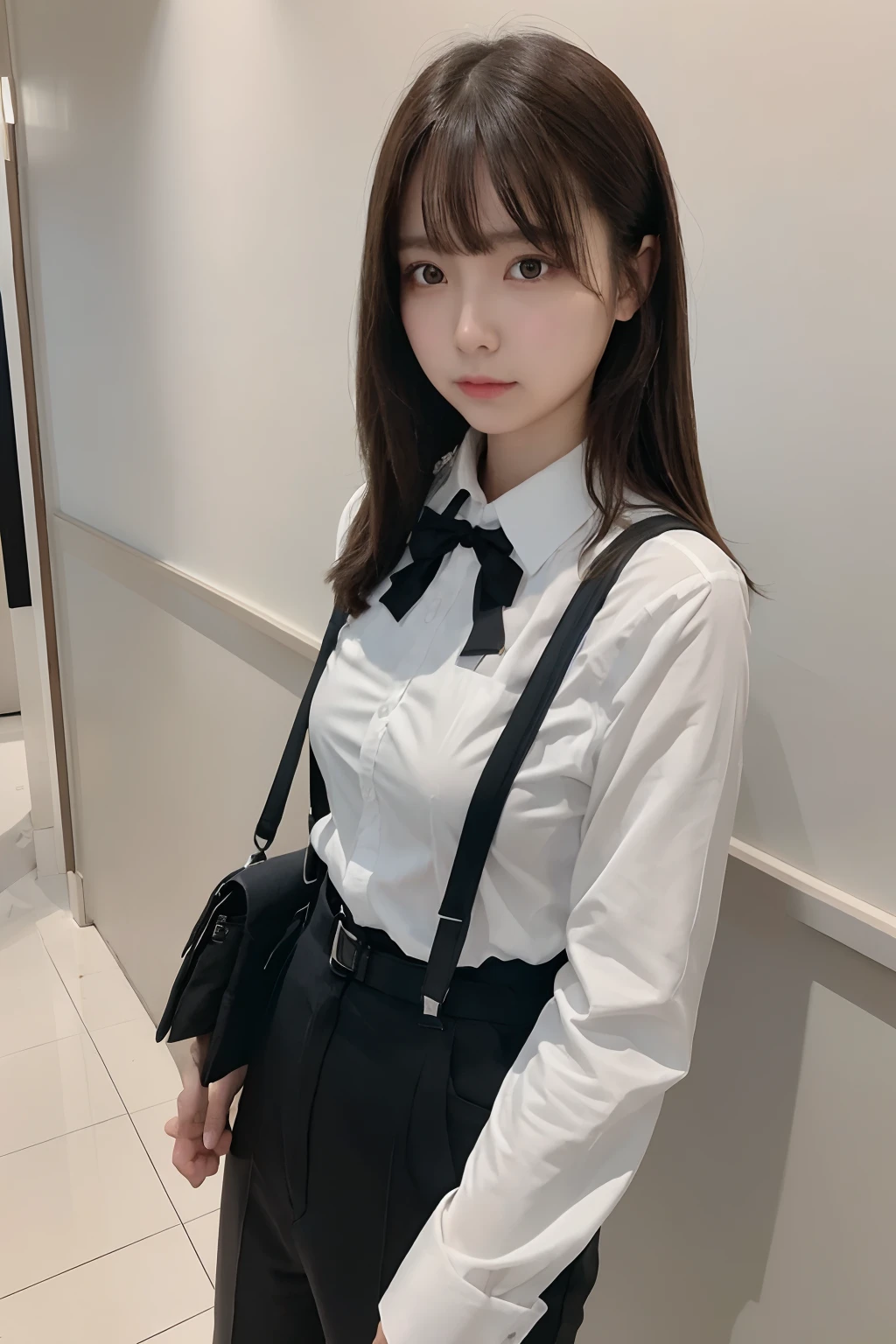 masterpiece、flat-colors、depth of fields、lens flare 1 girl、、Brown hair、watching at viewers a belt black suspenders Social OL huge-breasted Armpit sweat perspiring Side of both hands walls: Black Suit Black pants, Black jacket holster arm Leg holster arm Knife Carrying arma Gaze No tie tiarra No bangs Small face