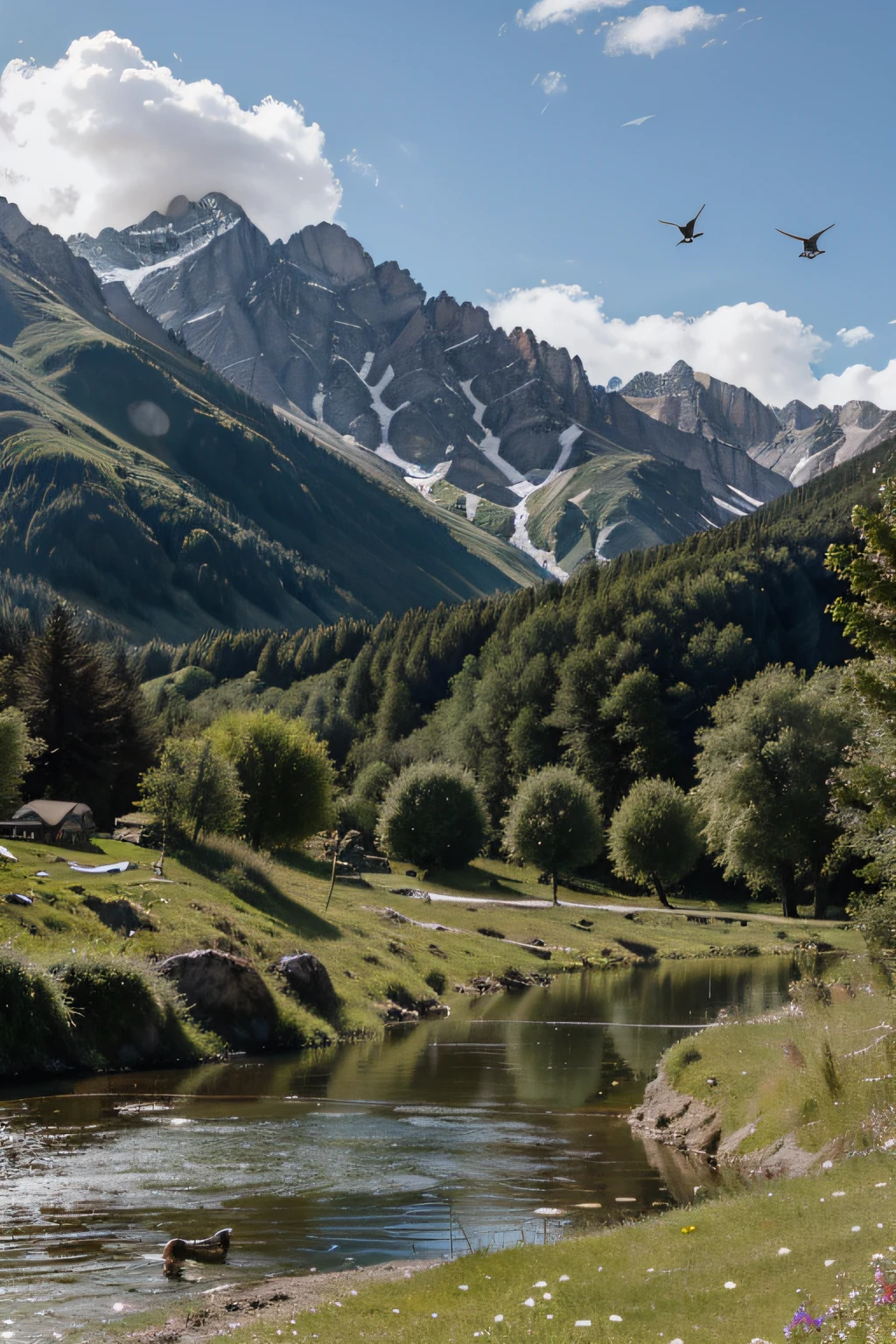 The sky is more desolate than a cloudy palace, Green trees, Mangy High Moutains(Mangi Alpine Hotel)(Mangi Alpine Hotel(Hotel Mangi Alps))(Mangi Alpine Hotel(Hotel Mangi Alps)(Hotel Mangi Alps(Mangi Alps Hotel))), Birds flew by,A small river