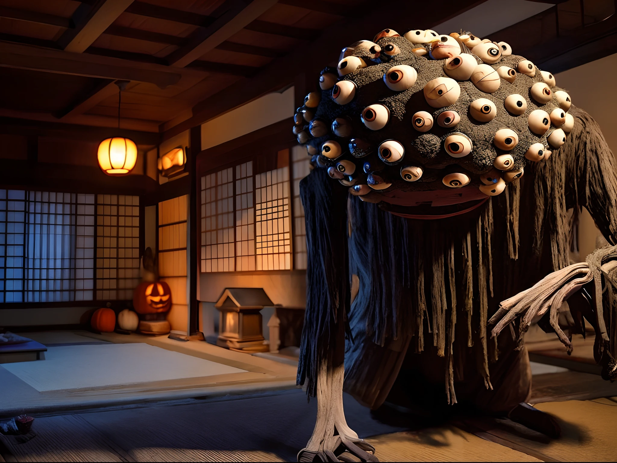 Realistic, A monster with 100 eyes on its body called Hyakume lurks in an old Japanese house at night, There is a lighted jack-o-lantern lantern, All the lights are jack-o-lanterns, japanese halloween style,