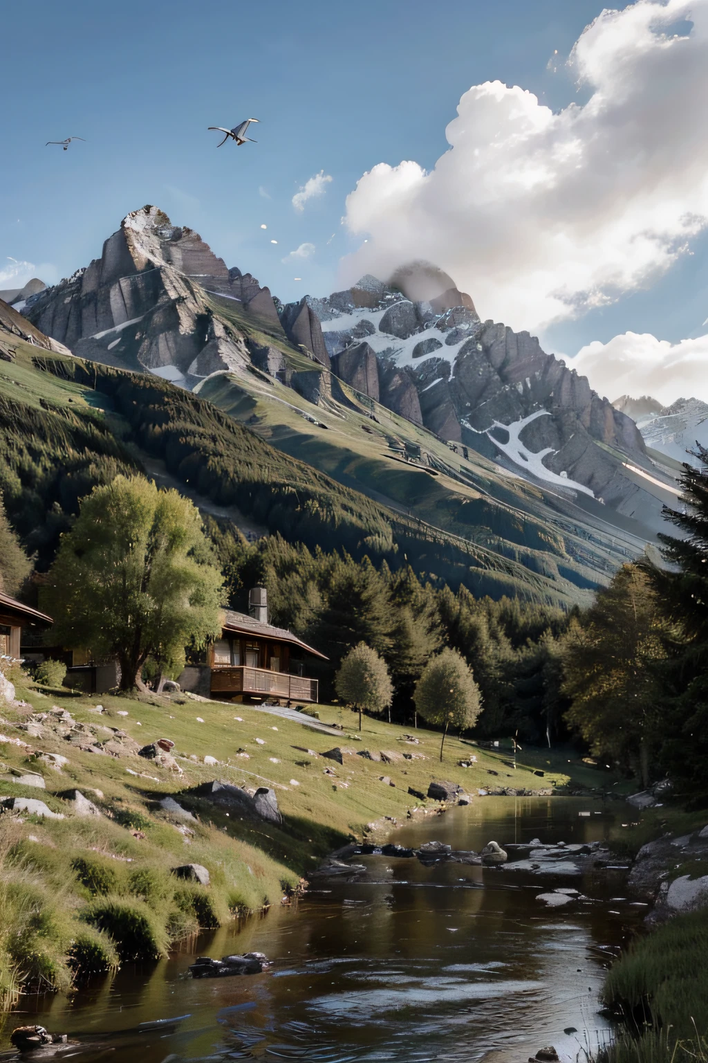 The sky is more desolate than a cloudy palace, Green trees, Mangy High Moutains（Mangi Alpine Hotel）（Mangi Alpine Hotel（Hotel Mangi Alps））（Mangi Alpine Hotel（Hotel Mangi Alps）（Hotel Mangi Alps（Mangi Alps Hotel）））, Birds flew by，A small river