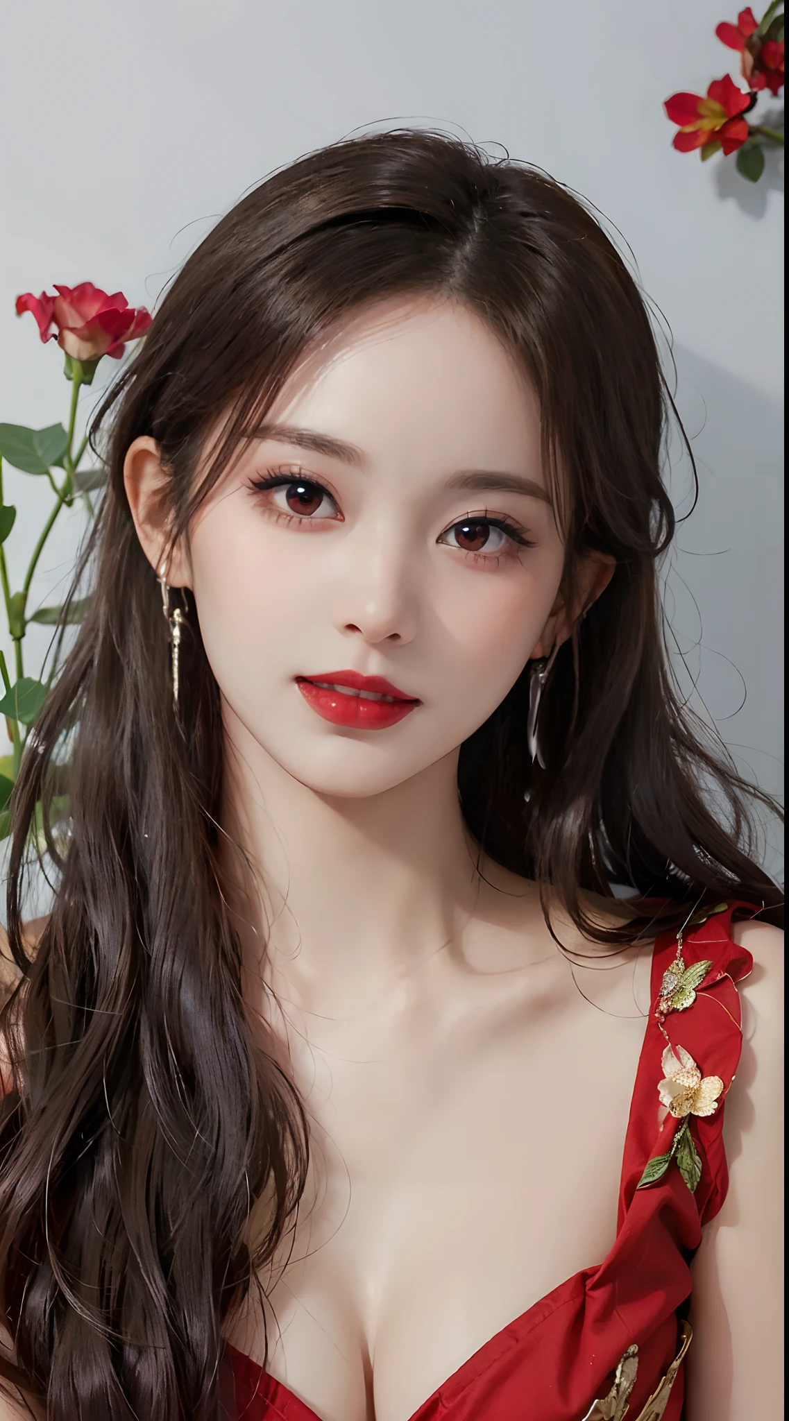 "1 beautiful girl in national costume, Wearing bright red traditional Chinese ao dai, Ao dai with red as the main color, Black chest border and gold border, long hair and white bangs,,, The most detailed and beautiful hair jewelry, Super cute little face, Very pretty face, Sparse eyebrows, The most perfect beautiful face, ((Black pupil:0.8)), Very beautiful eyes, ((Eyes red:1.4)), Beautiful and detailed eyelashes and very magical makeup, High Nose, earrings, thin lips, Red lips, No smiling, Beautiful lips, Rosy face, Clean face, Perfect beautiful face , smooth white skin, (: 0.9)), Brams' chest, ((Large, Super round breasts): 0(Super tight breasts: 1.2)), ((augmentation surge8)), Beautiful breasts, Sitting on the floor, with legs wide open, Thighs are wide and not shy, hands behind back, Chest forward, lean back a little, Beautiful girl's upper body, 8k photo, ultra-quality, Hyper realistic, 10x Super Pixels, photographrealistic, bright studio, Bright edges, Two-tone bright colors, (high detailing) skin: 1.2), 8k ultra, Soft light, High quality , Volumetric lighting, Realistic, Photos, High resolution, light, Best Photo, 4K, The 8k quality, Blur effect, Smooth and sharp, 10x pixel, Aurora, Lightning, Super Graphics , The most realistic graphics,(Red flower background: 1.7), Alone, Solo, Portraits 9:16, Very sharp, Surreal images."