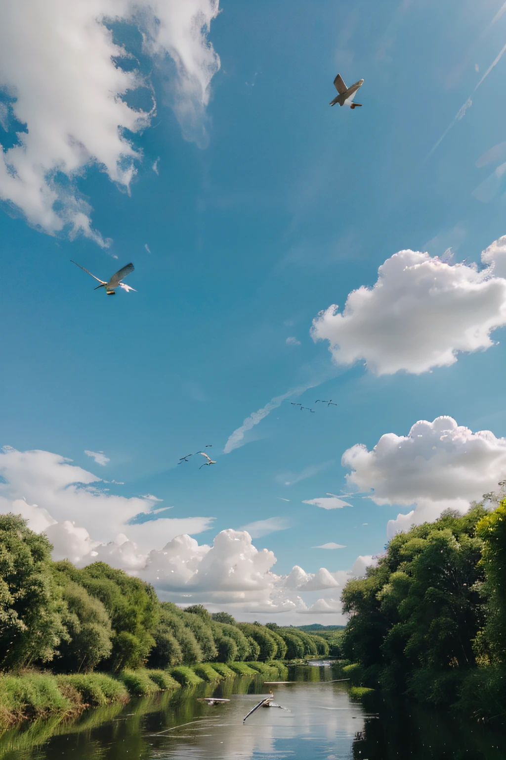 The sky is endless,with blue sky and white clouds, Green trees, Birds flew by,A small river