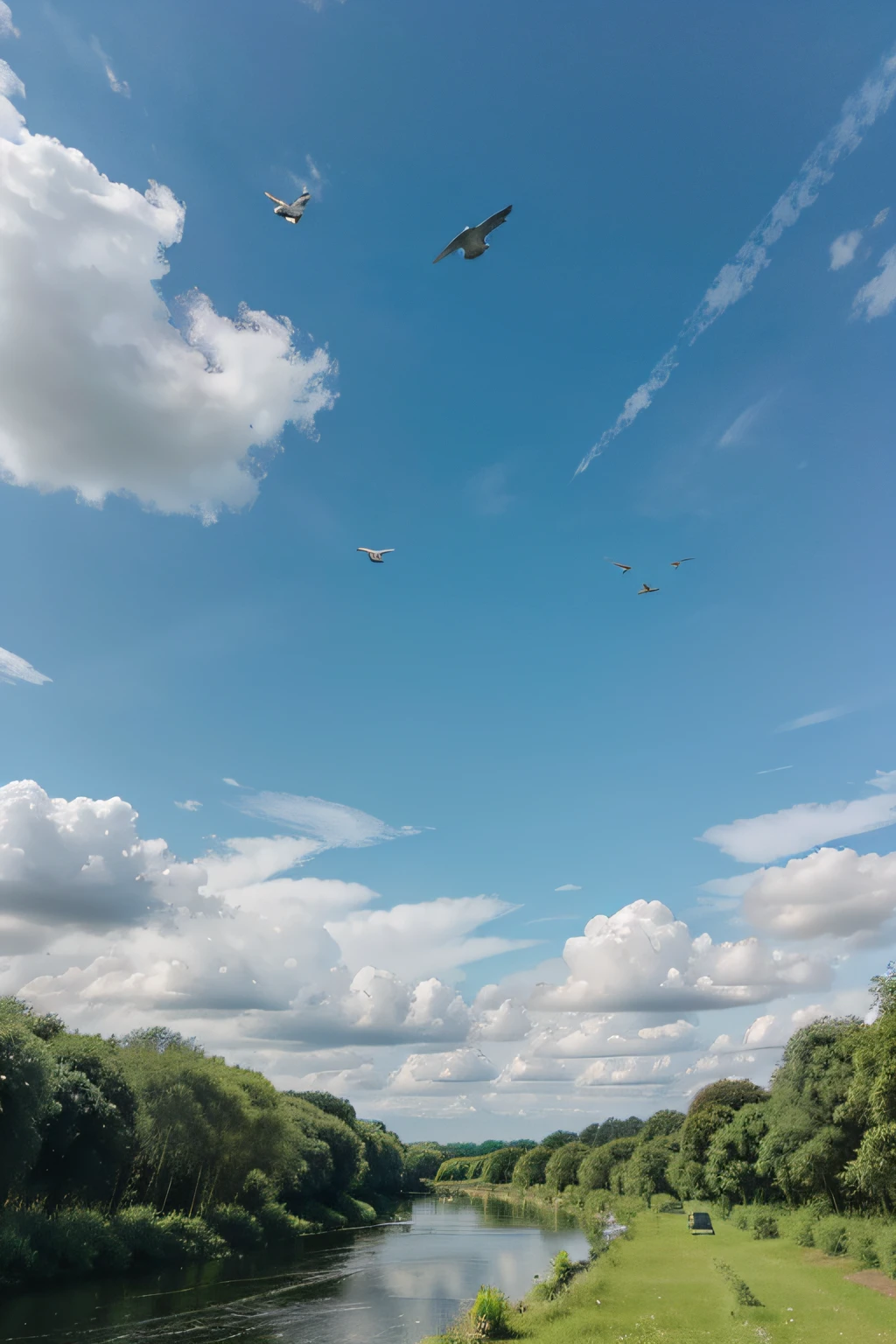 The sky is endless,with blue sky and white clouds, Green trees, Birds flew by,A small river