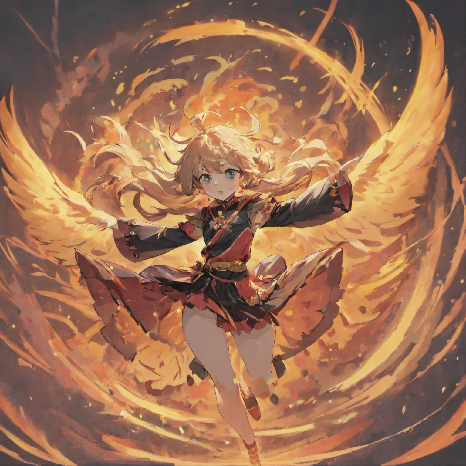 Black draft:1.4),(Girl riding a phoenix, Eyes closed, colorfull long hair, Oriental elements,Faraway view,Colorful background,many flames,Strong sense of atmosphere,Orange dominant color),(Chinese illustration:1.3,paper art:1.3, Quilted paper art:1.2),( reasonable design, Clear lines, High sharpness,Best quality, Very detailed, Masterpiece, movie light effect, 4K )