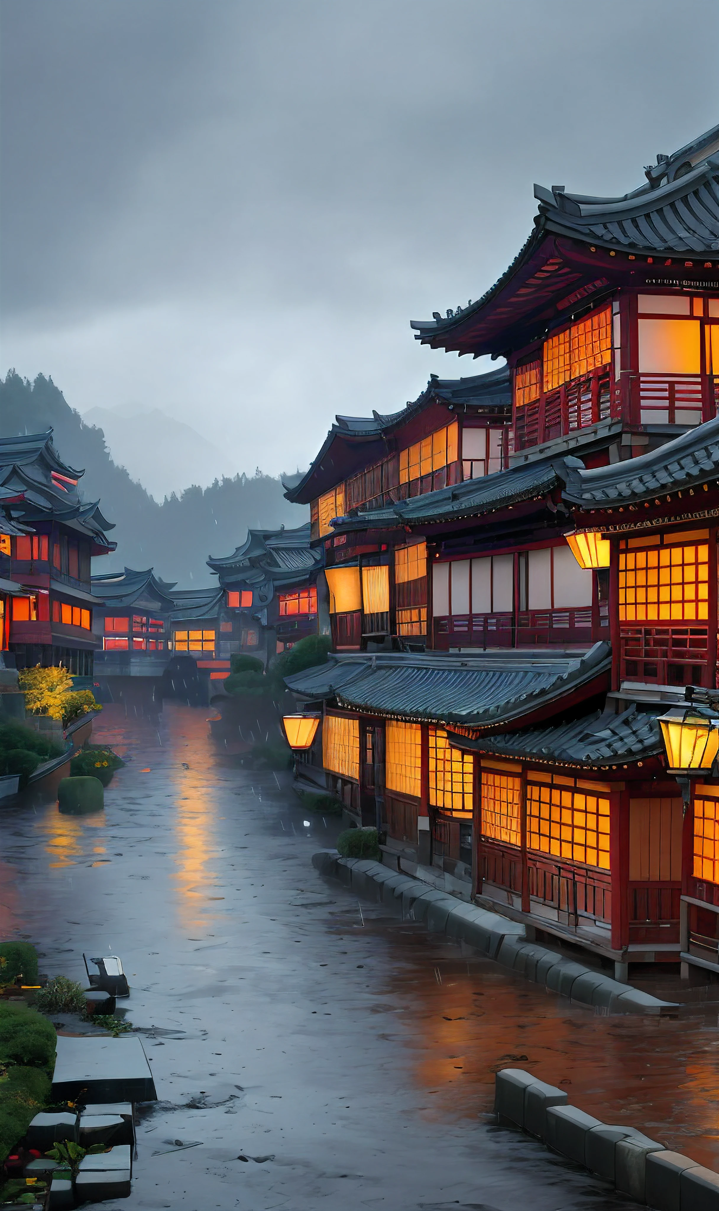 Rough village with many lights on the buildings々Nice view、dreamy Chinese towns、Chinese Village、amazing wallpapers、Japan、Japan Village、Ultra-realistic town photos、Old Asian Village、japanese city、By Raymond Han、rainy evening、Cyberpunk Chinese Castles、beautifully lit buildings、Evening in the rain、Beautifully Aesthetic、a picture、film like、8K、high detal ((Heavy Rain))) stores