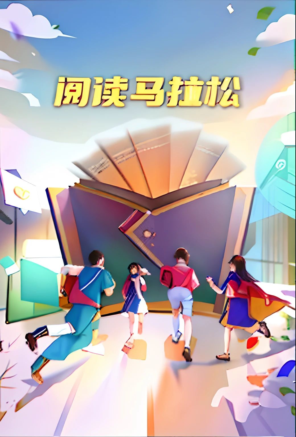 There were three people running around a book with the sky as the background, exciting illustration, author:Cheng Jiasui, promotional poster, novel cover, warm and joyful atmosphere, author:Wang Yi, daily life, poster for, inspired by Ding Yunpeng, by Yang J, author:Qu Leilei, encyclopedia illustration, author:Xia Chang, author:Li Fangying, trending on cgstation, Weibo
