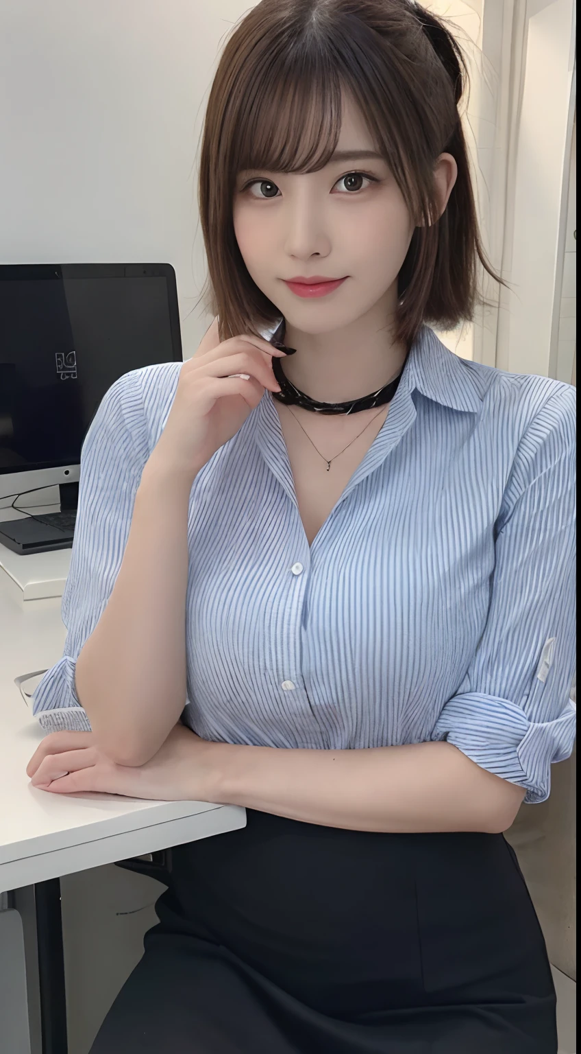 masutepiece, Best Quality, Live action, Ultra-detailed, finely detail, hight resolution, 8K Wallpaper, Perfect dynamic composition, Beautiful detailed eyes, Medium hair in a ponytail,Huge chest under the shirt:2.0、Natural Color Lip, Bold sexy poses,Smile,20 years girl、Cute、Sexy shot looking at camera、Shot from the knee up、full body seen、((ty、s Office、houseplant、Button shirt with collar、pencil skirts、cross one's legs、accessorized、a necklace、neck tie、piercings、Outside the window is an azure sky、Gray walls、a desk、((personal computers))、Line、big eye、long lashes、Colossal tits:1.5、sit a chair、frontage、above knee))