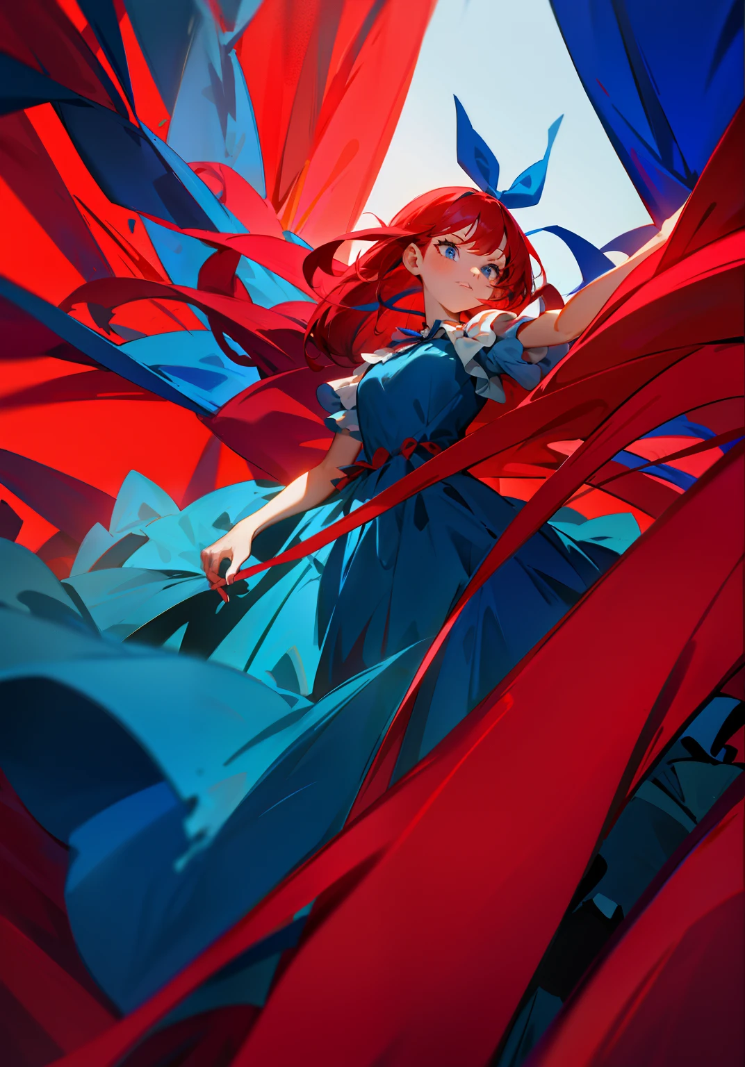 Girl in ragdoll blue long dress, red hair with blue ribbon, circus background with red curtain