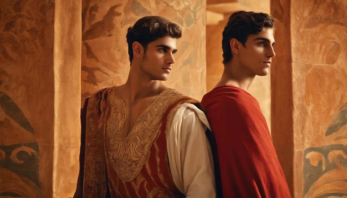 Create an artwork featuring two beautiful young men, styled in the manner of the frescoes of the Minoan civilization."
