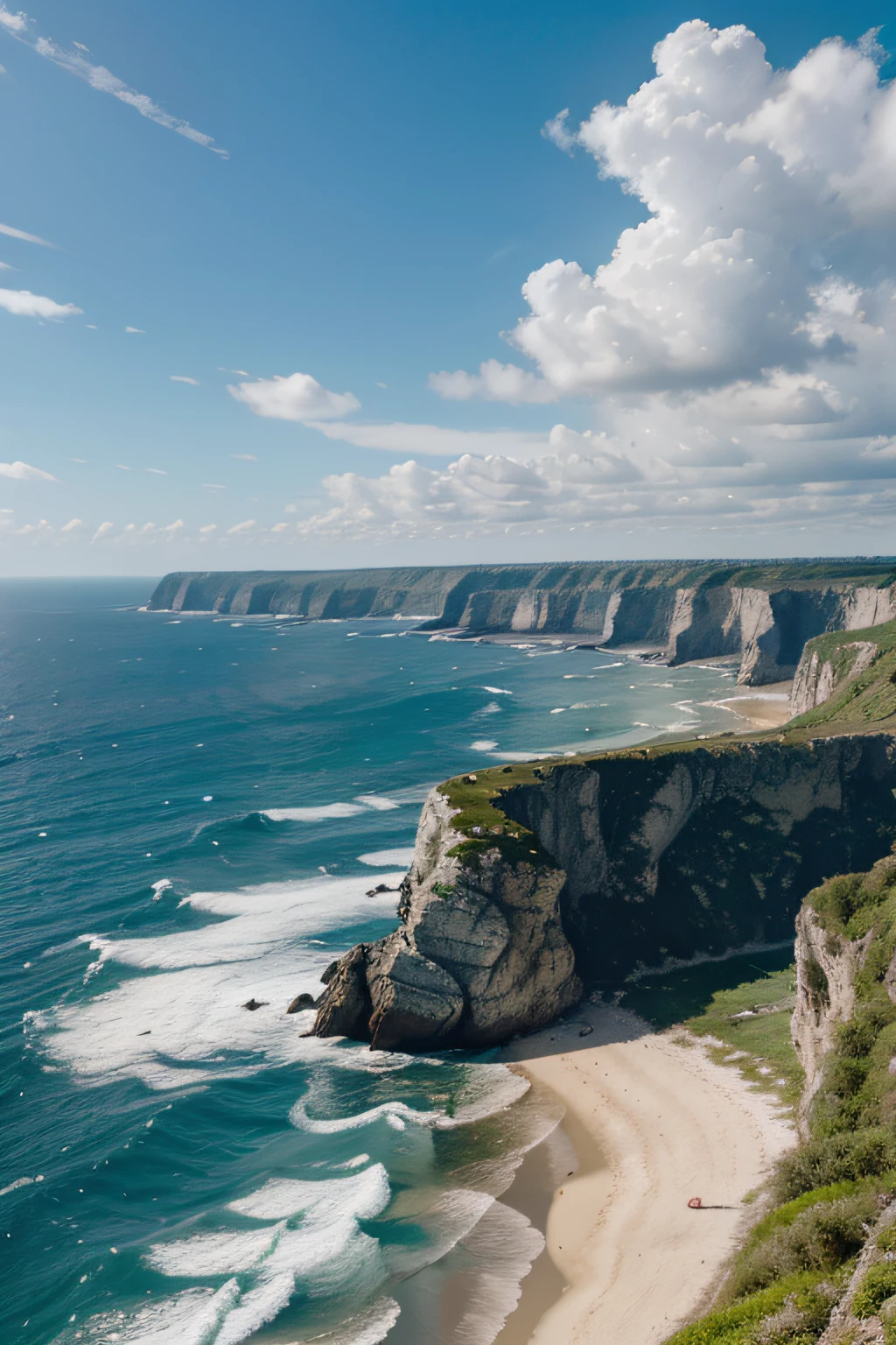 The sky is endless,sheer cliffs,with blue sky and white clouds, Green trees,eagle,the sea,Crashing waves