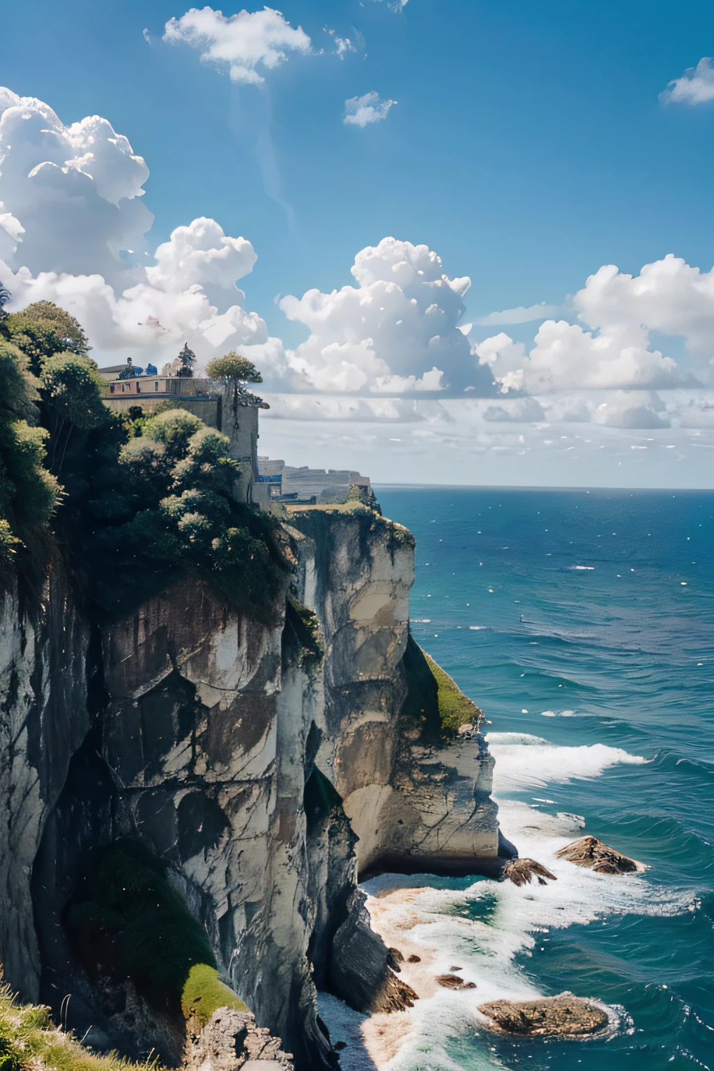 The sky is endless,sheer cliffs,with blue sky and white clouds, Green trees,eagle,the sea,Crashing waves